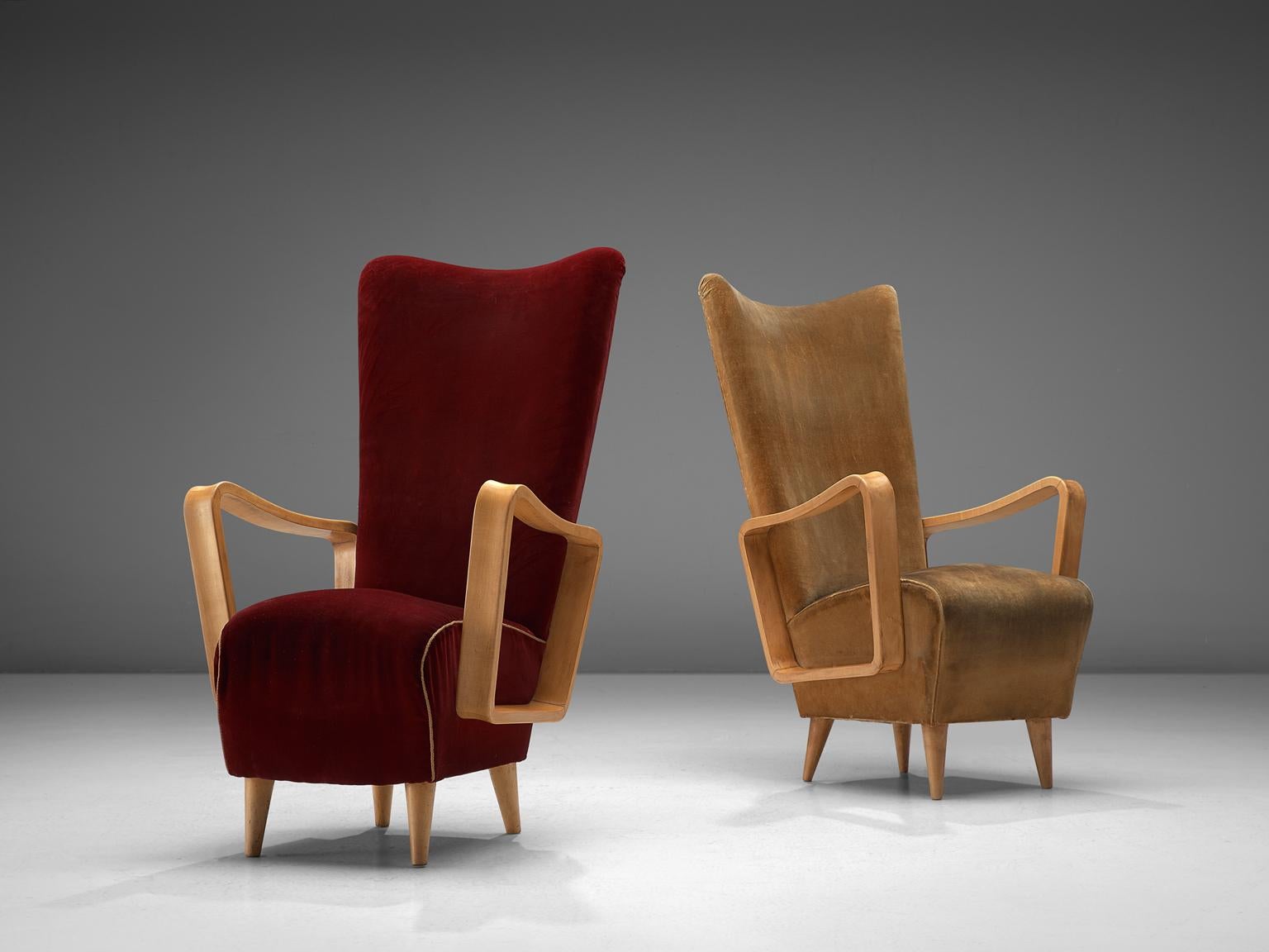 Pietro Lingeri, set of two high back chairs, fabric and beech, Italy, 1950s. 

Pair of elegant high back armchairs have a sincere, stately character. Beautifully curved yet sharp rounded edges. The back forms a beautiful long line and the seat is