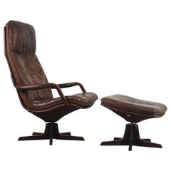Vintage Danish Patinated Leather Adjustable Easy Chair and Ottoman by Berg Furniture