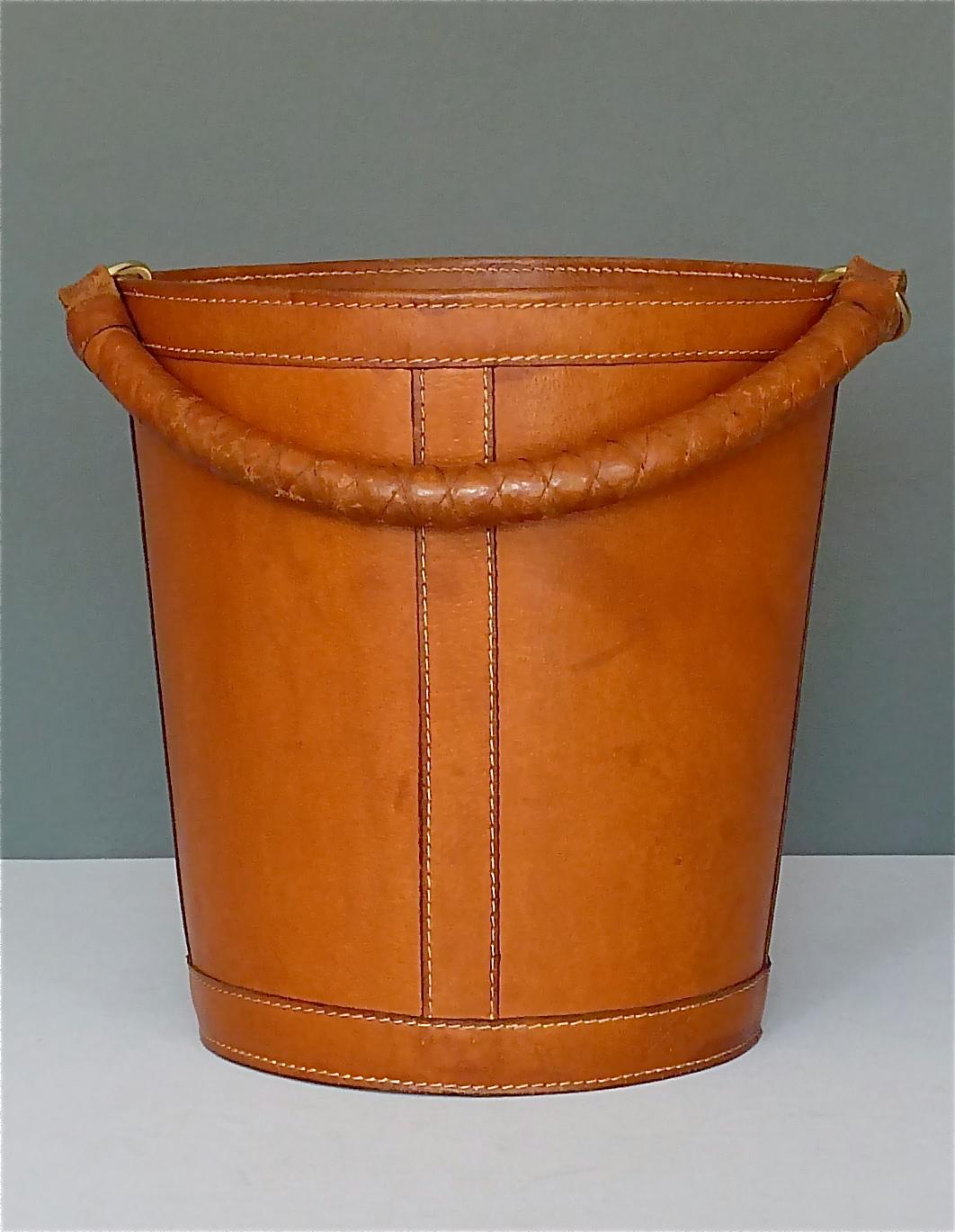 Danish Patinated Leather Brass Paper Basket Bin by Illums Bolighus, Auböck Style 9