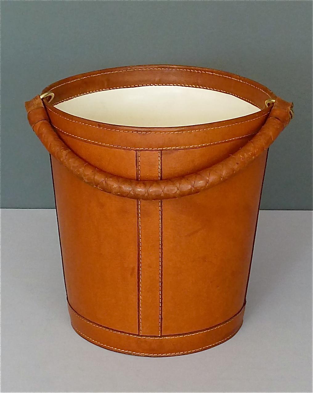 Danish Patinated Leather Brass Paper Basket Bin by Illums Bolighus, Auböck Style 10