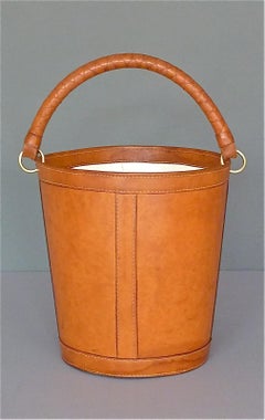 Danish Patinated Leather Brass Paper Basket Bin by Illums Bolighus, Auböck Style