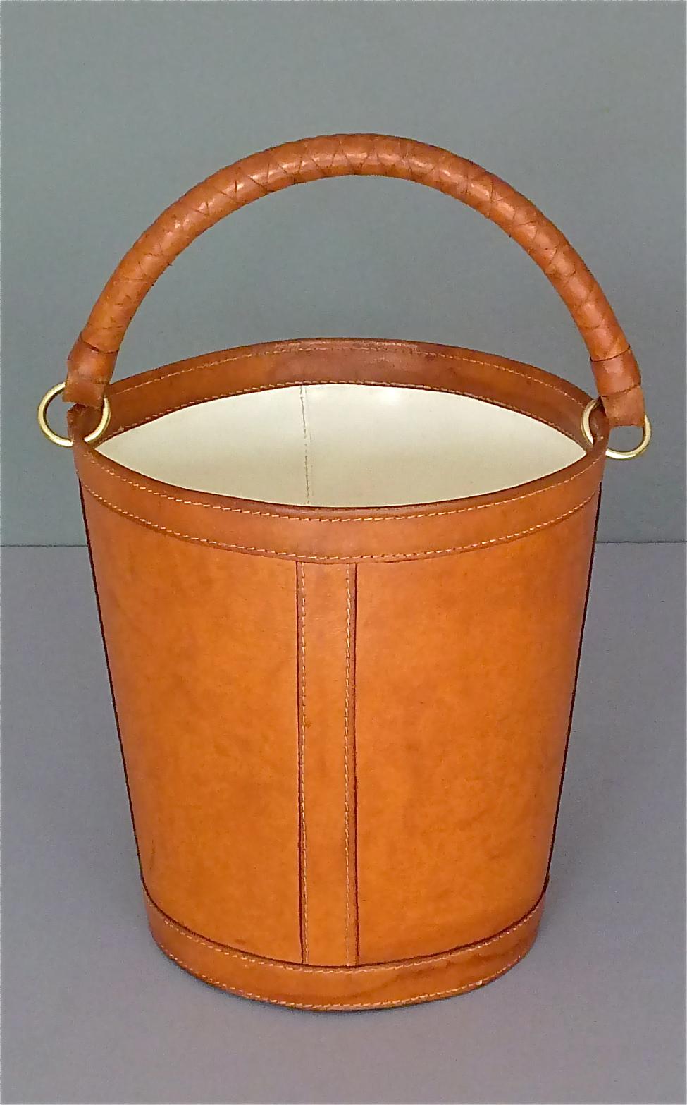 Scandinavian Modern Danish Patinated Leather Brass Paper Basket Bin by Illums Bolighus, Auböck Style