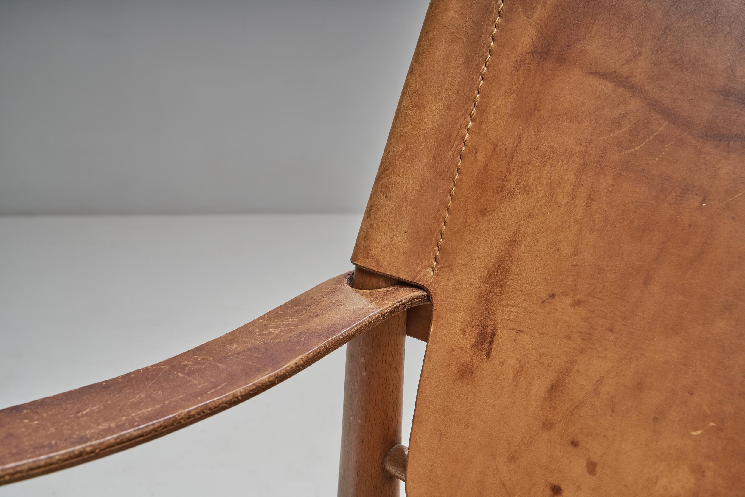 Danish Patinated Leather Safari Chair, Denmark, ca 1960s For Sale 2