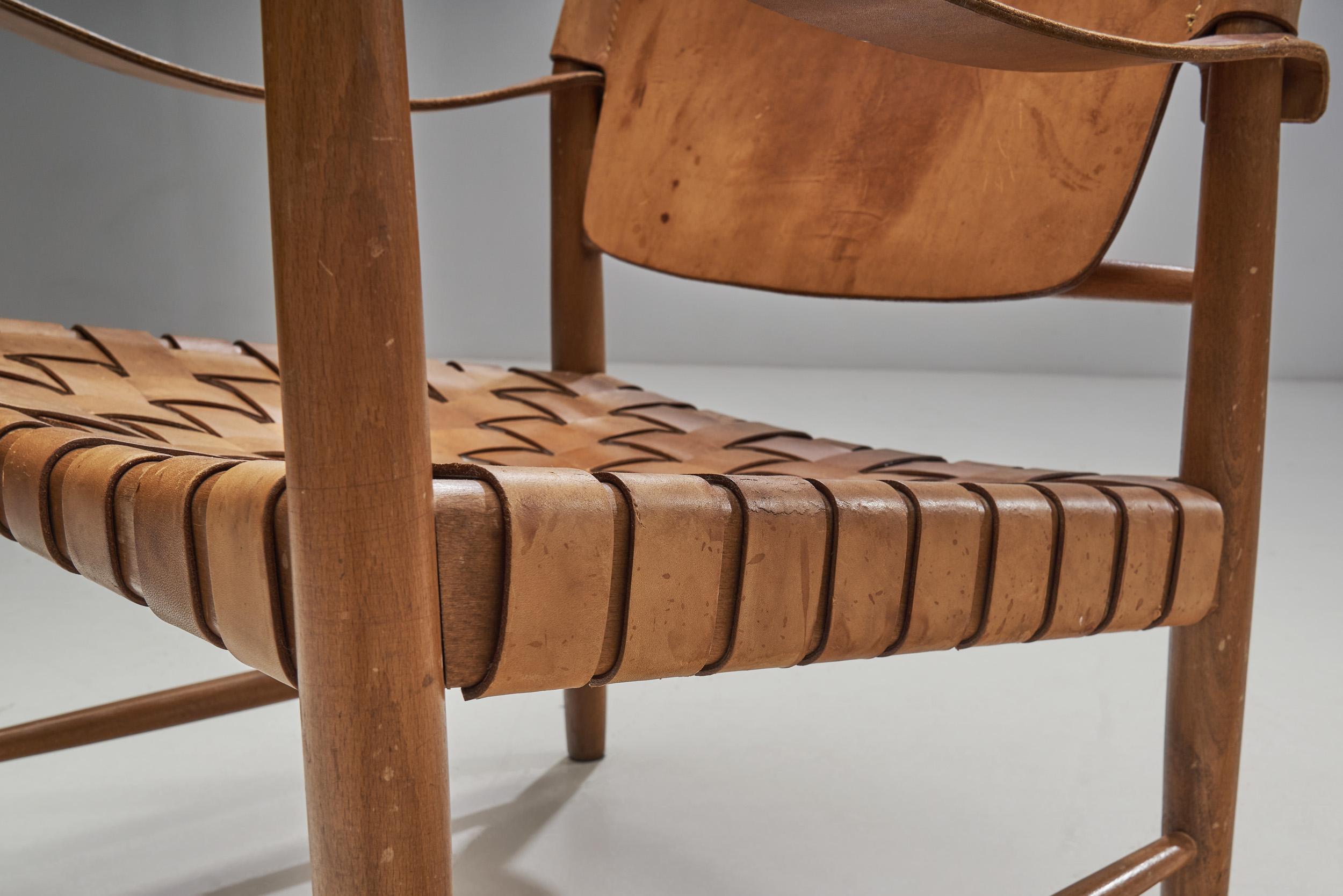 Danish Patinated Leather Safari Chair, Denmark, ca 1960s For Sale 8