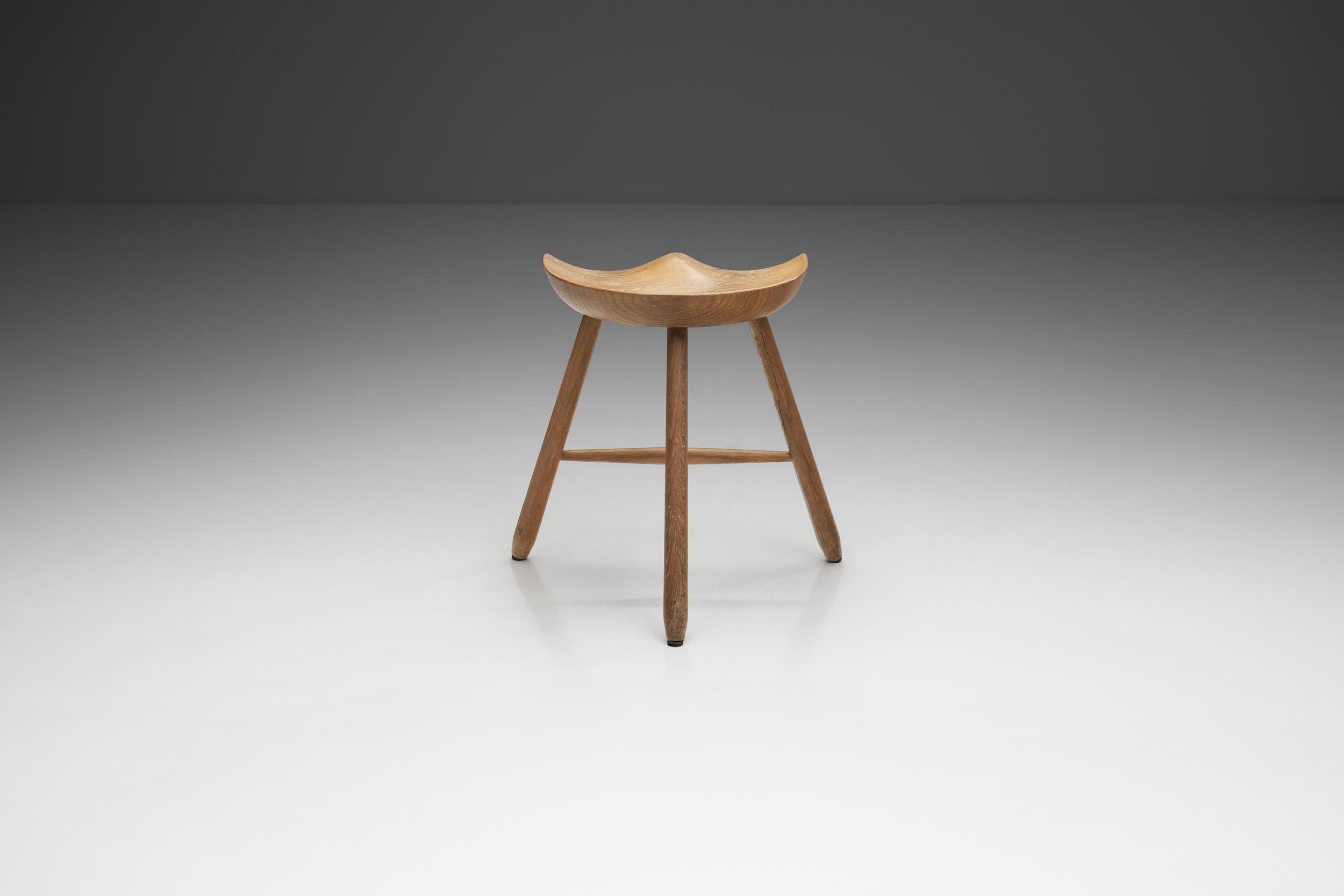 20th Century Danish Patinated Oak Tripod Stool, Denmark, ca 1940s For Sale