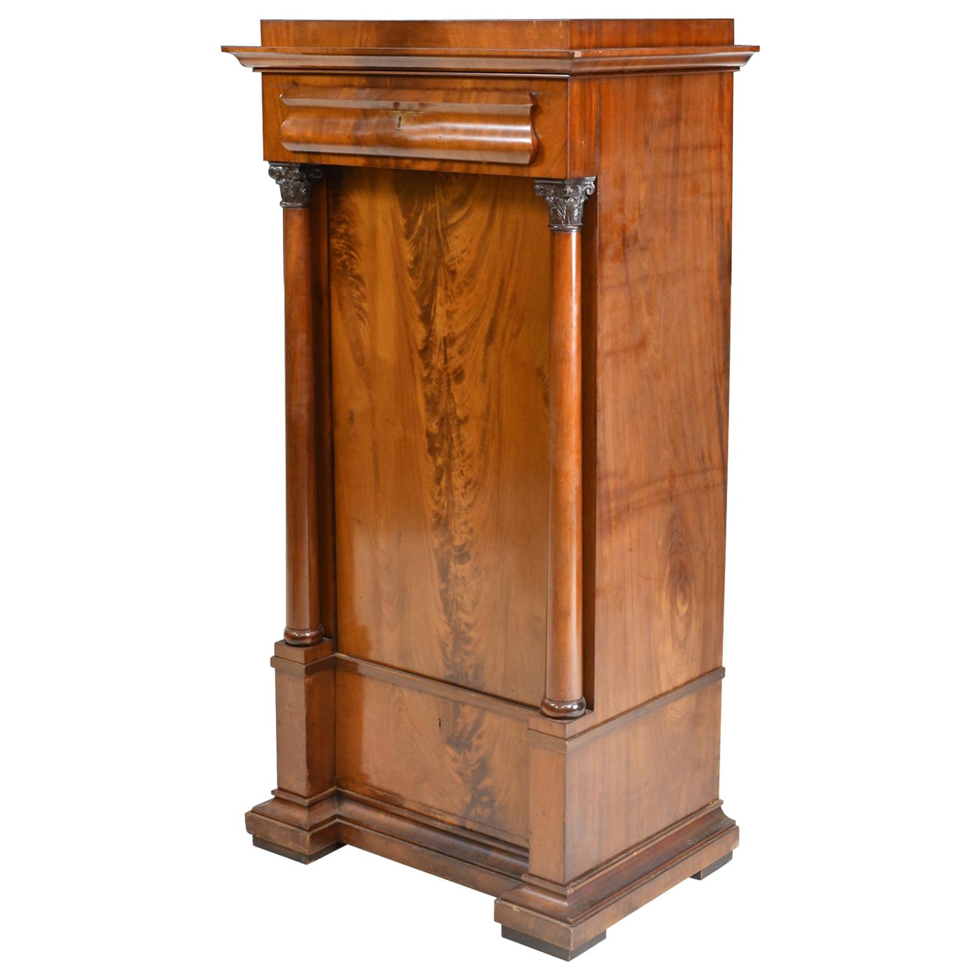 Danish Pedestal Cabinet with Full Columns and Carved Capitals in Mahogany
