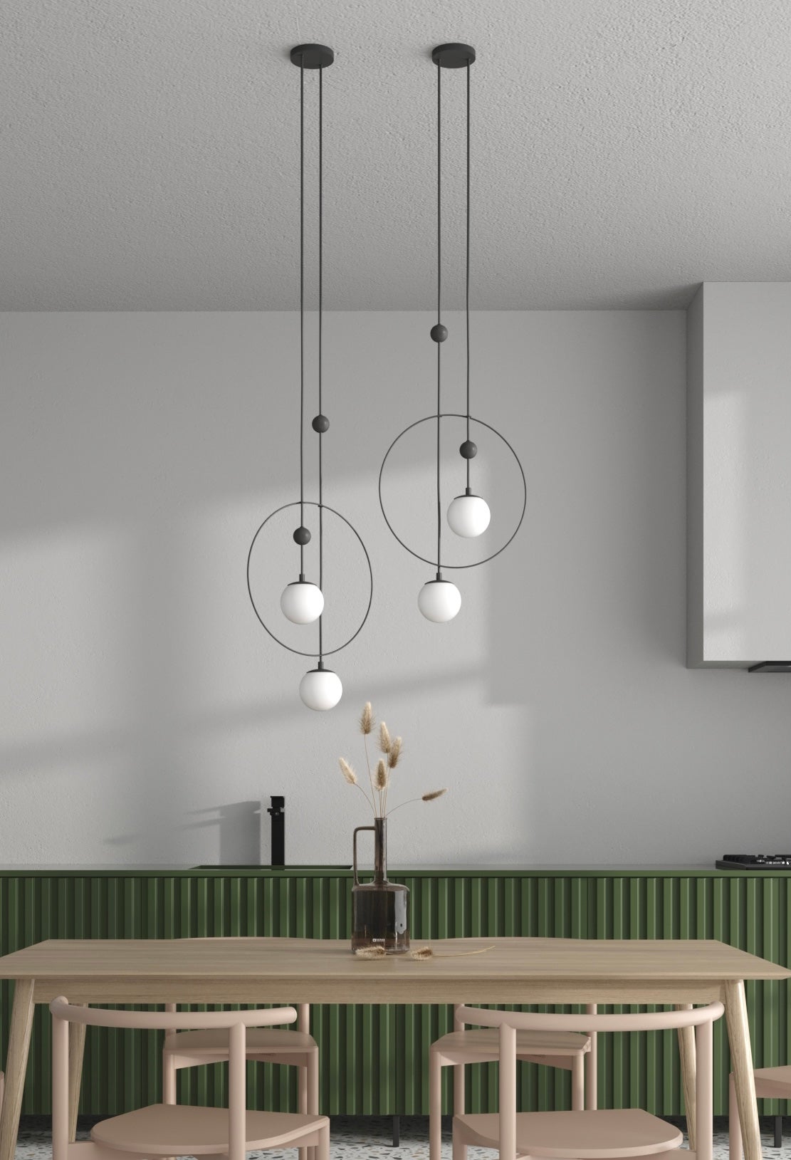 Danish Pendant Lamp, Modern Steel Lighting, Glass Sphere Edition For Sale