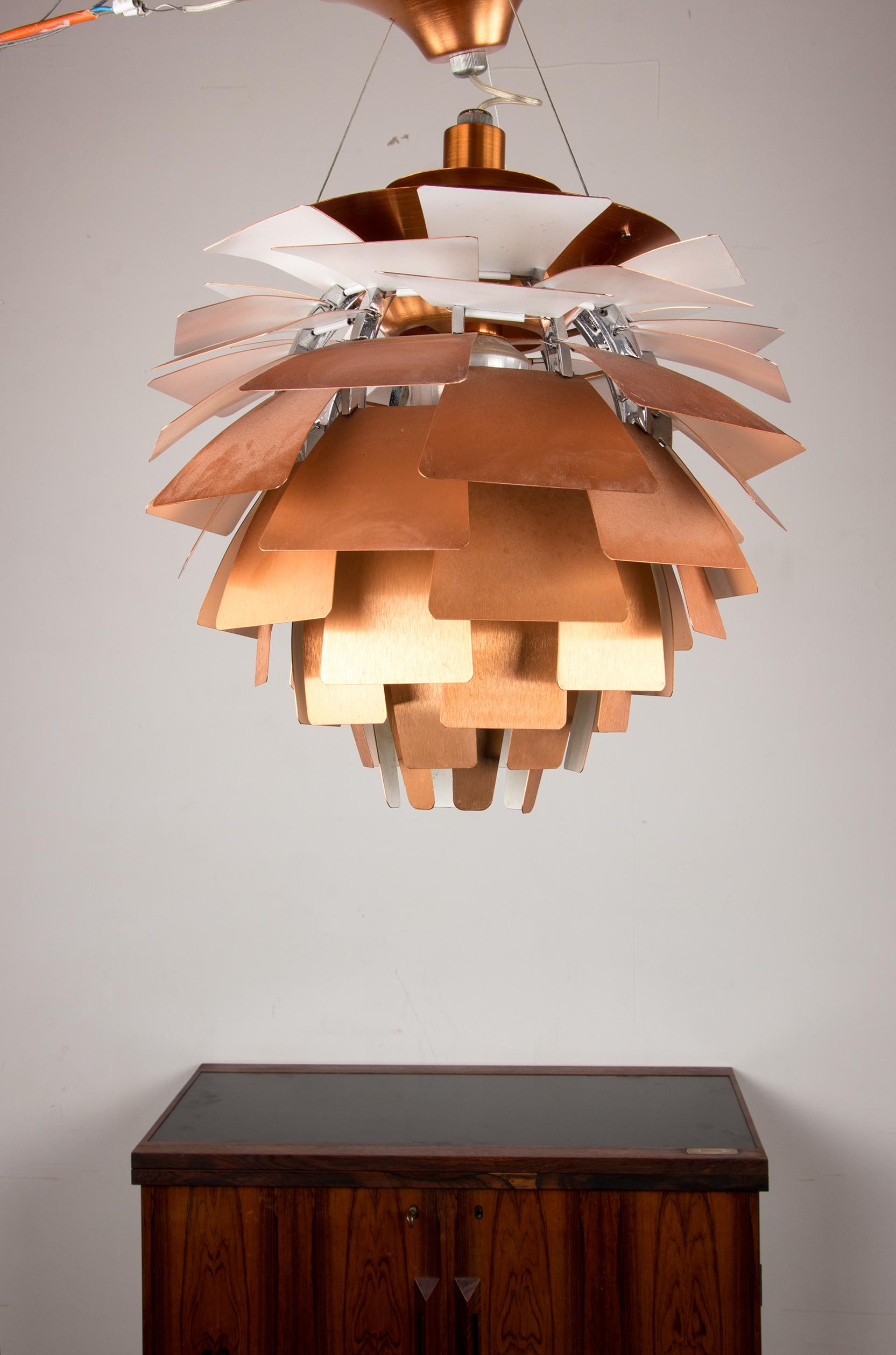 Scandinavian Modern Danish pendant light called PH “Artichoke” in copper metal by Poul Henningsen.