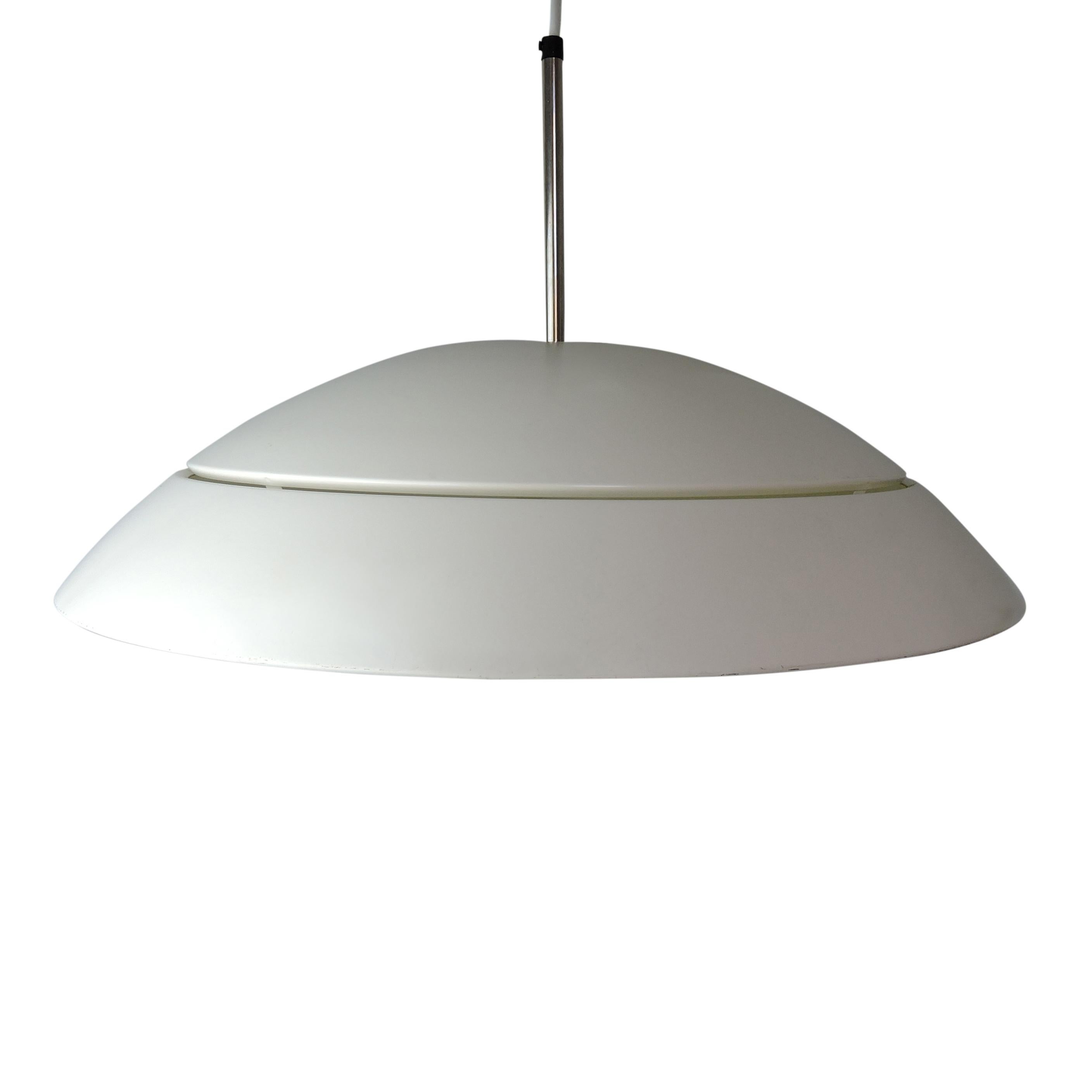 This Danish dome-shaped pendant light extended on a metal rod features a white exterior and a glass diffuser.