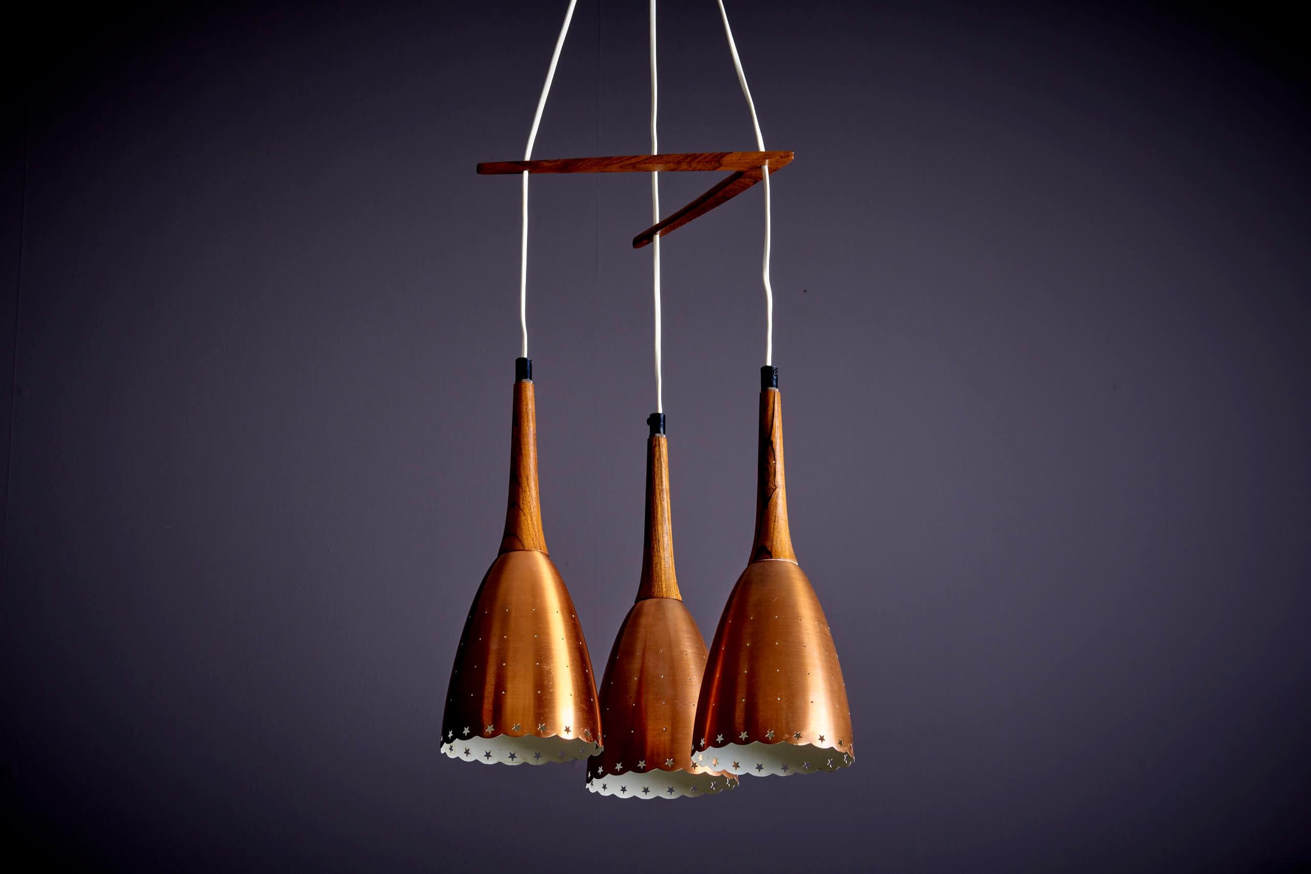 Danish Perforated Copper and Rosewood Caskade Pendant Lamp 1950s For Sale 6