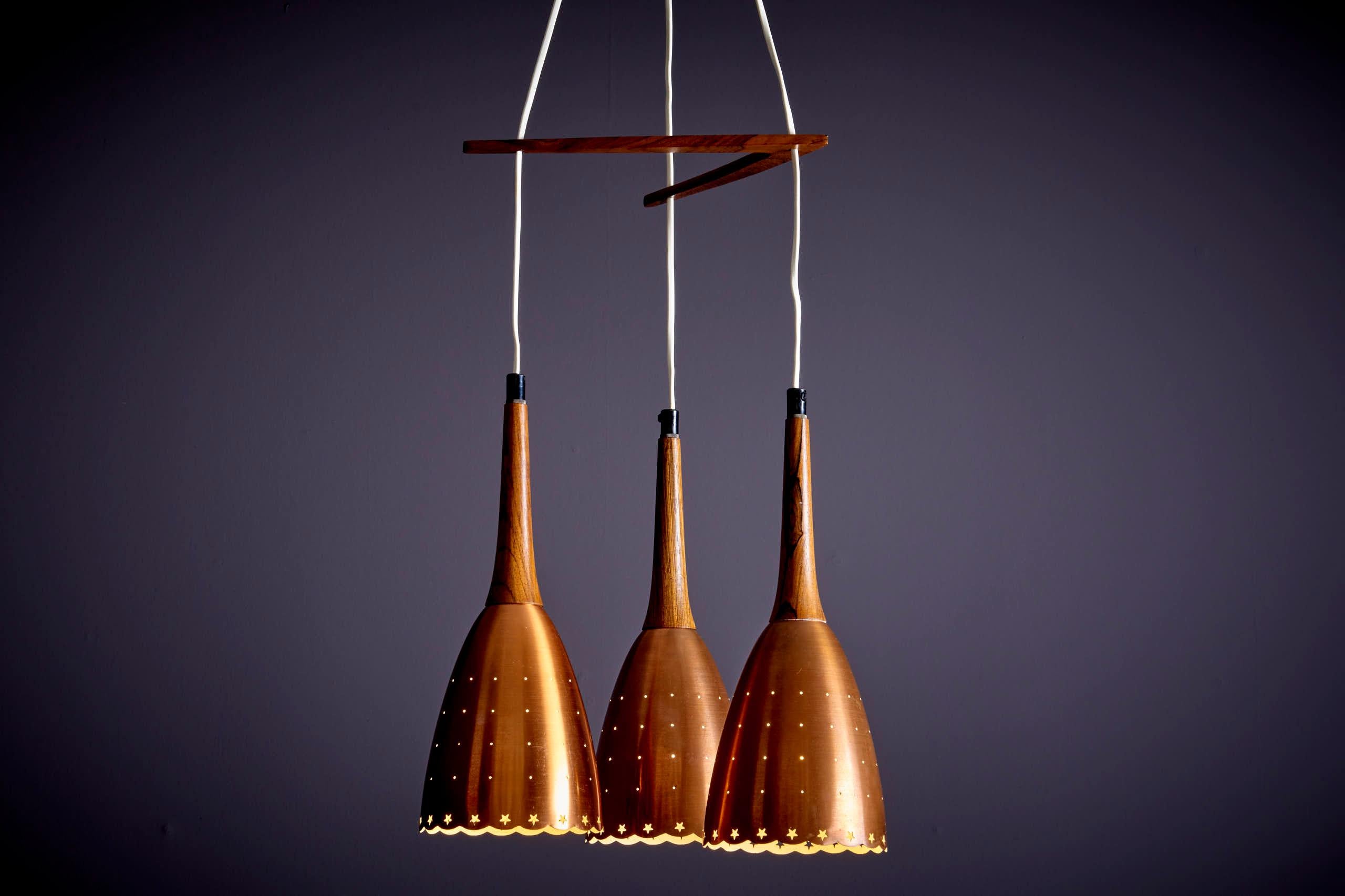 Mid-Century Modern Danish Perforated Copper and Rosewood Caskade Pendant Lamp 1950s For Sale
