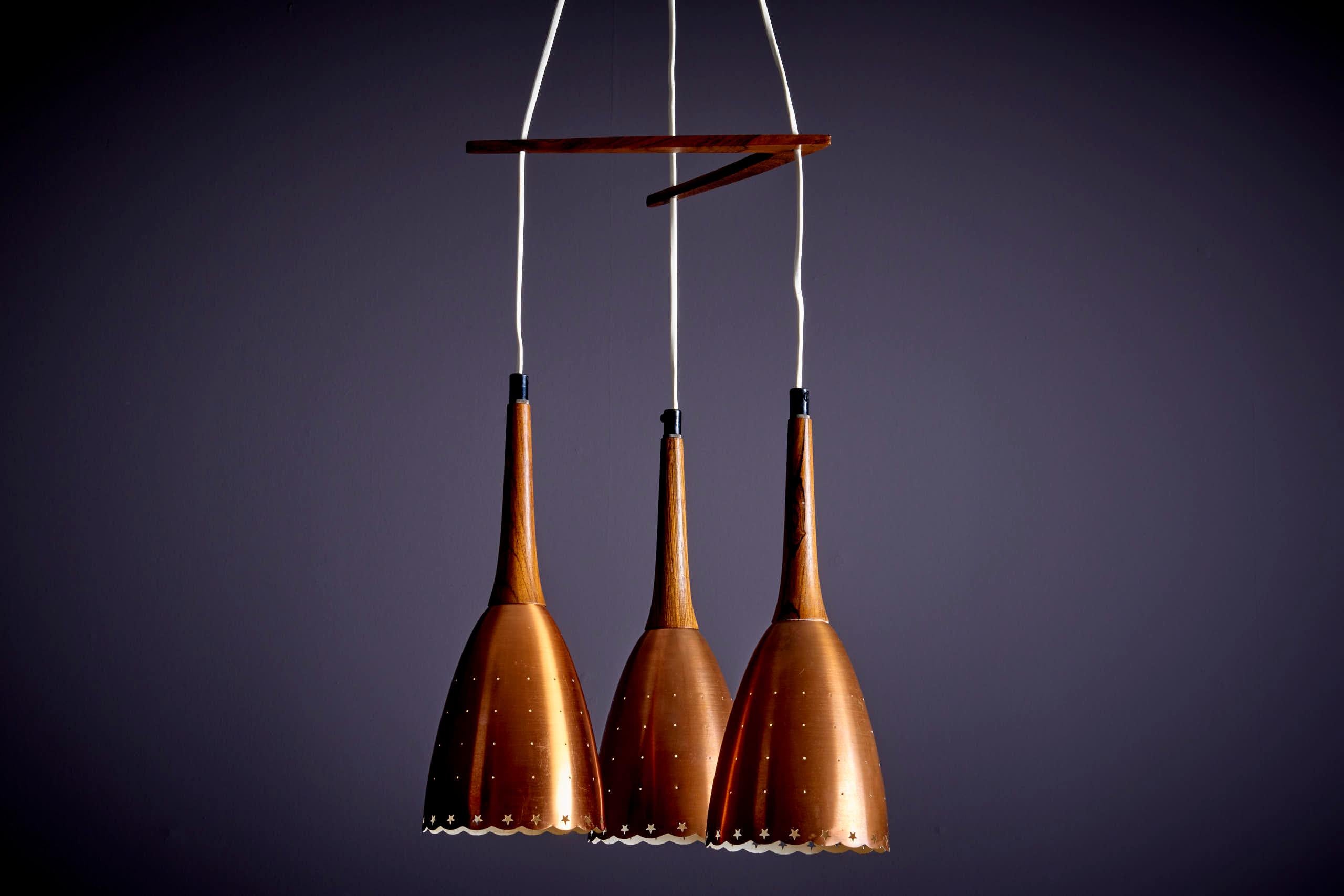 Scandinavian Danish Perforated Copper and Rosewood Caskade Pendant Lamp 1950s For Sale