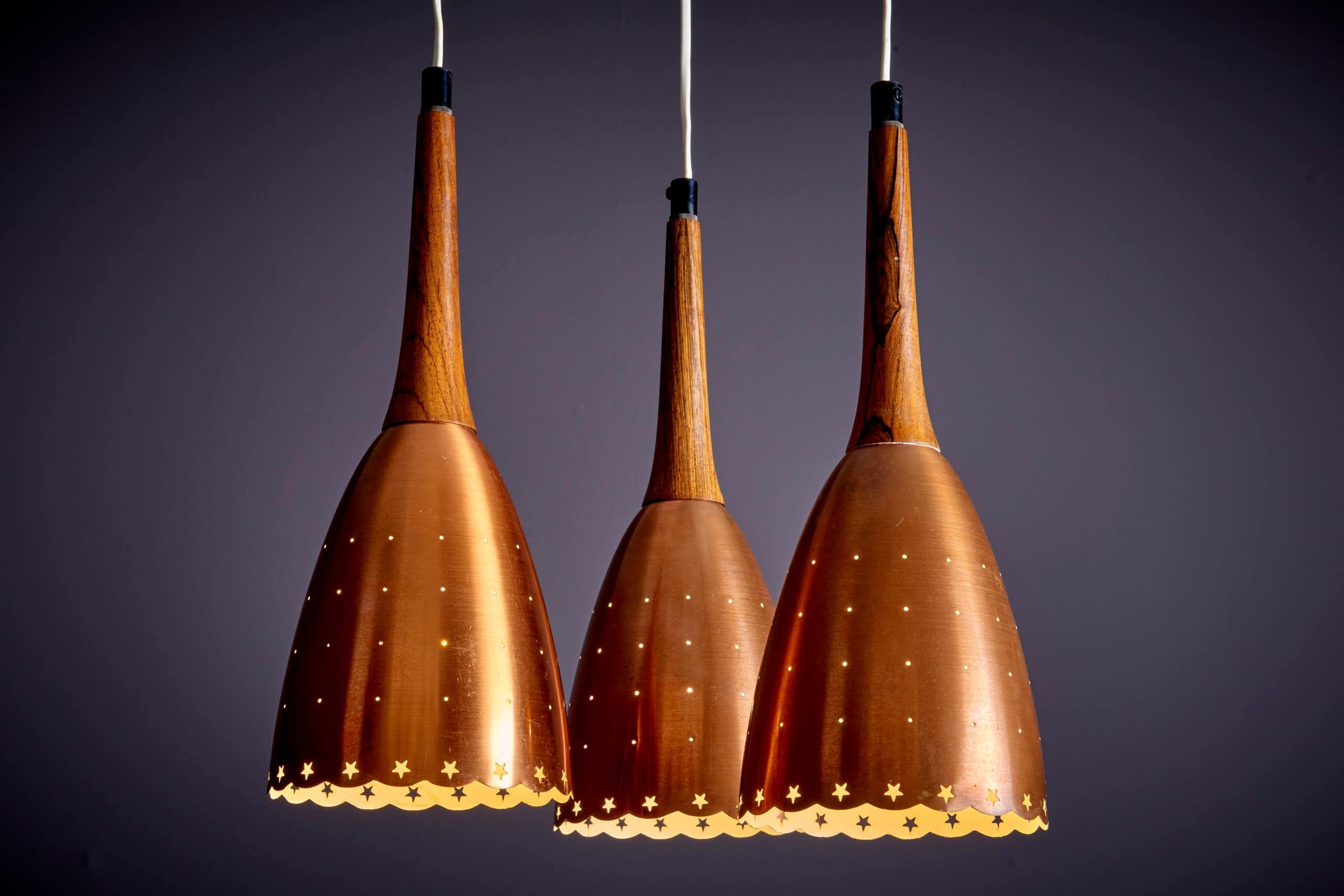 Danish Perforated Copper and Rosewood Caskade Pendant Lamp 1950s In Good Condition In Berlin, DE