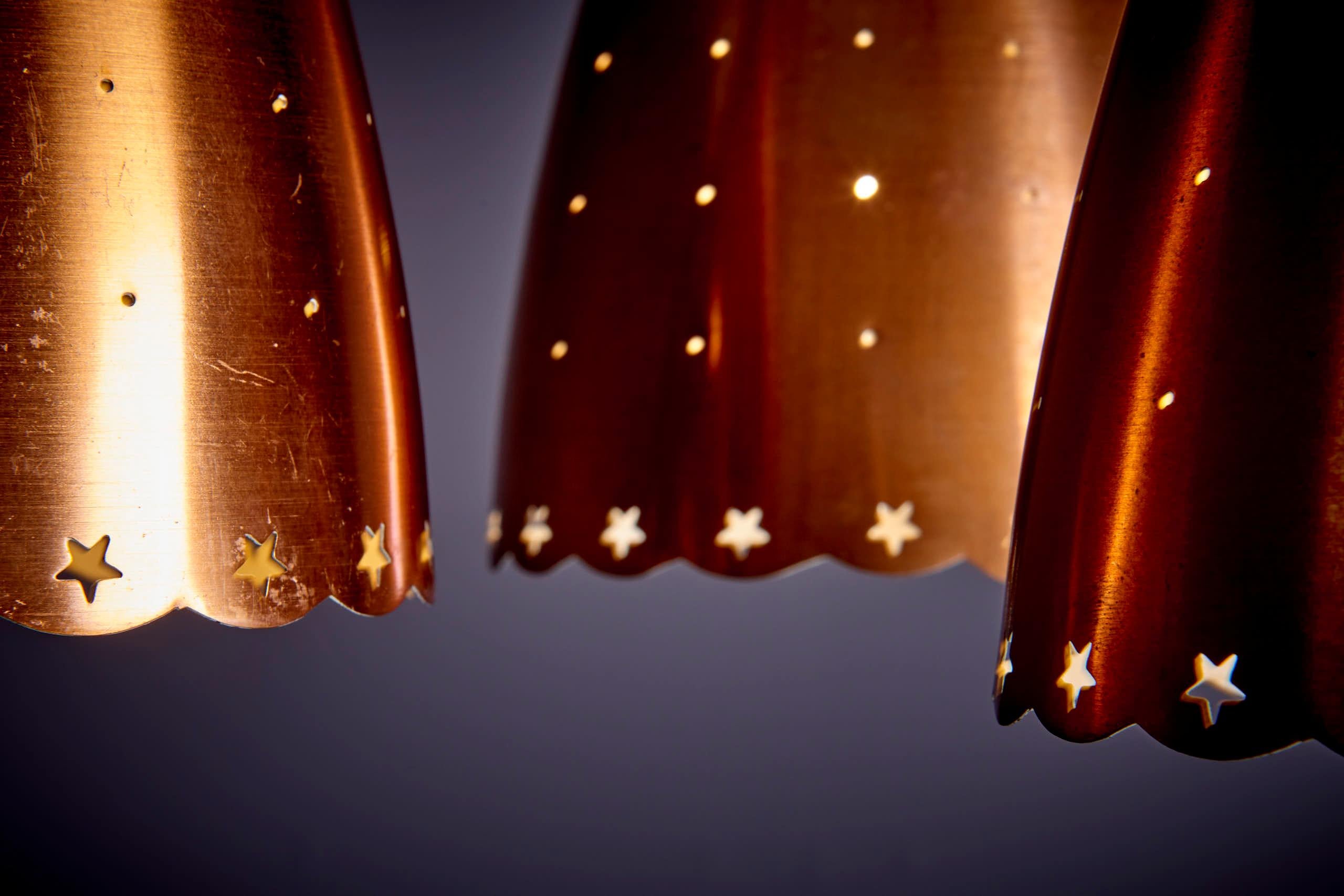 Danish Perforated Copper and Rosewood Caskade Pendant Lamp 1950s 3