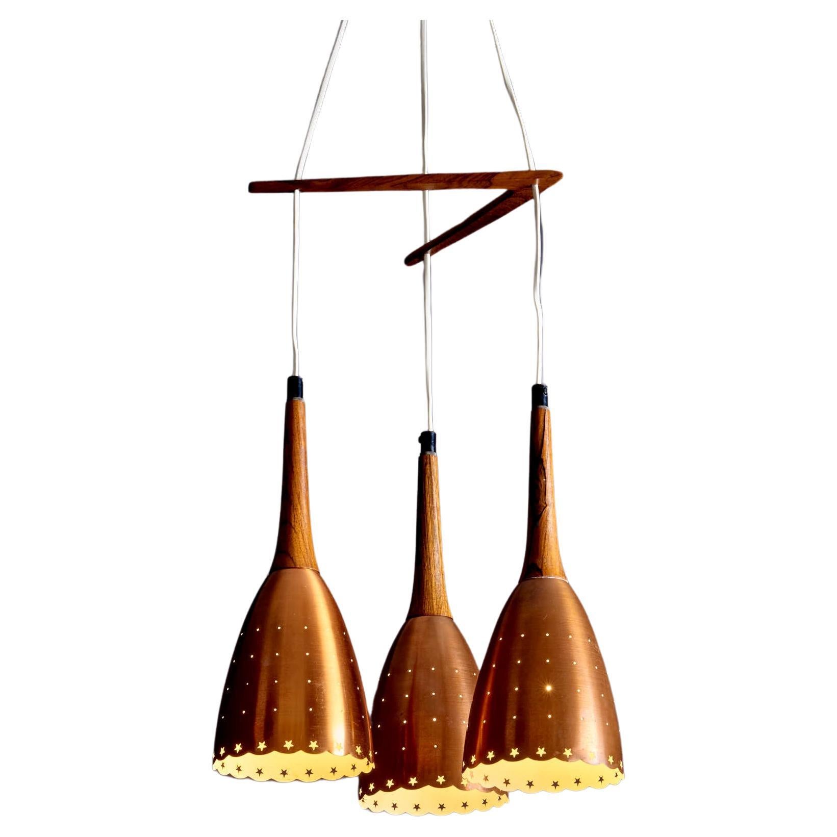 Danish Perforated Copper and Rosewood Caskade Pendant Lamp 1950s For Sale