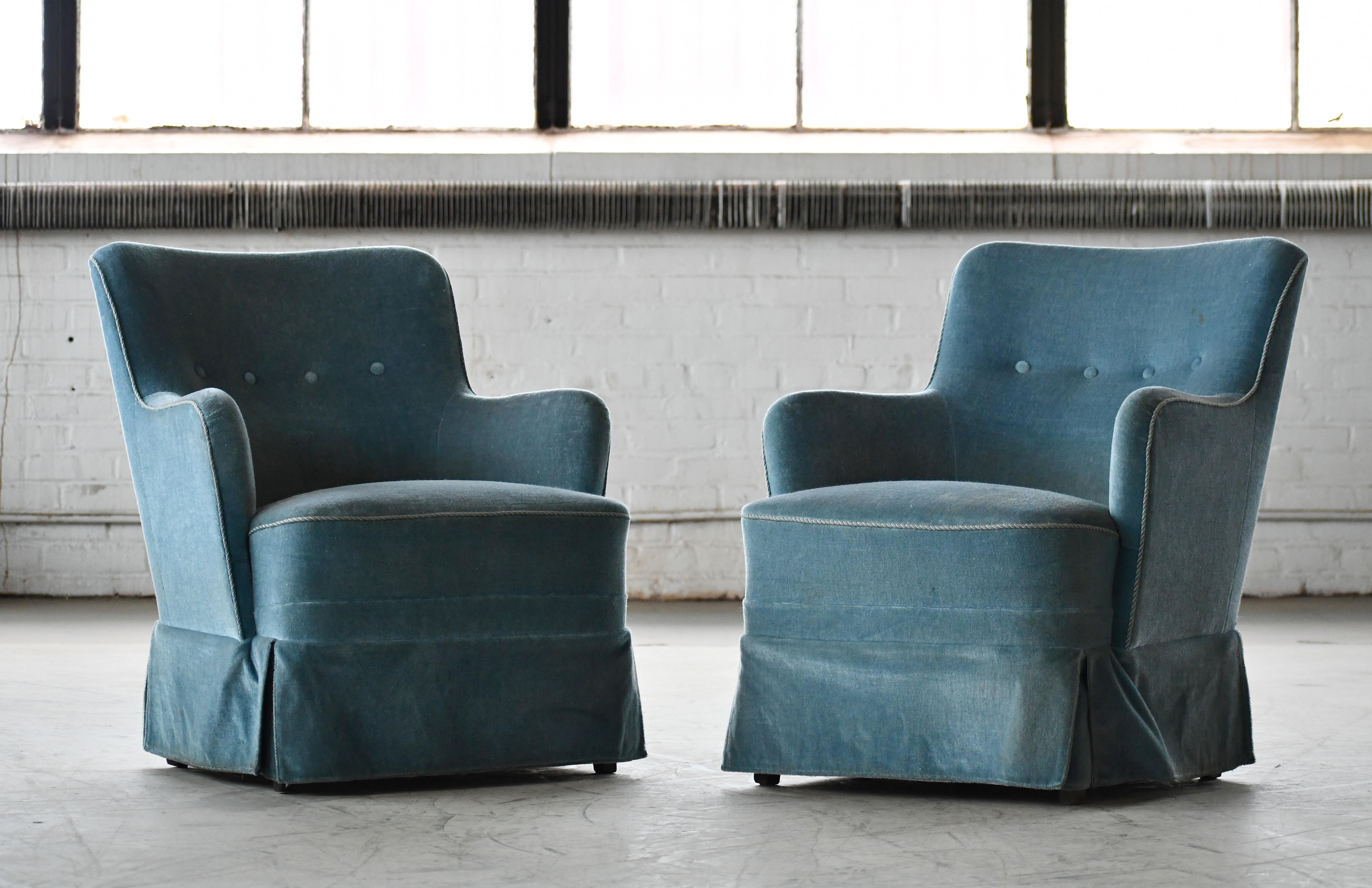 Scandinavian Modern Danish Peter Hvidt Attributed Pair Lounge Chairs in Light Blue Mohair