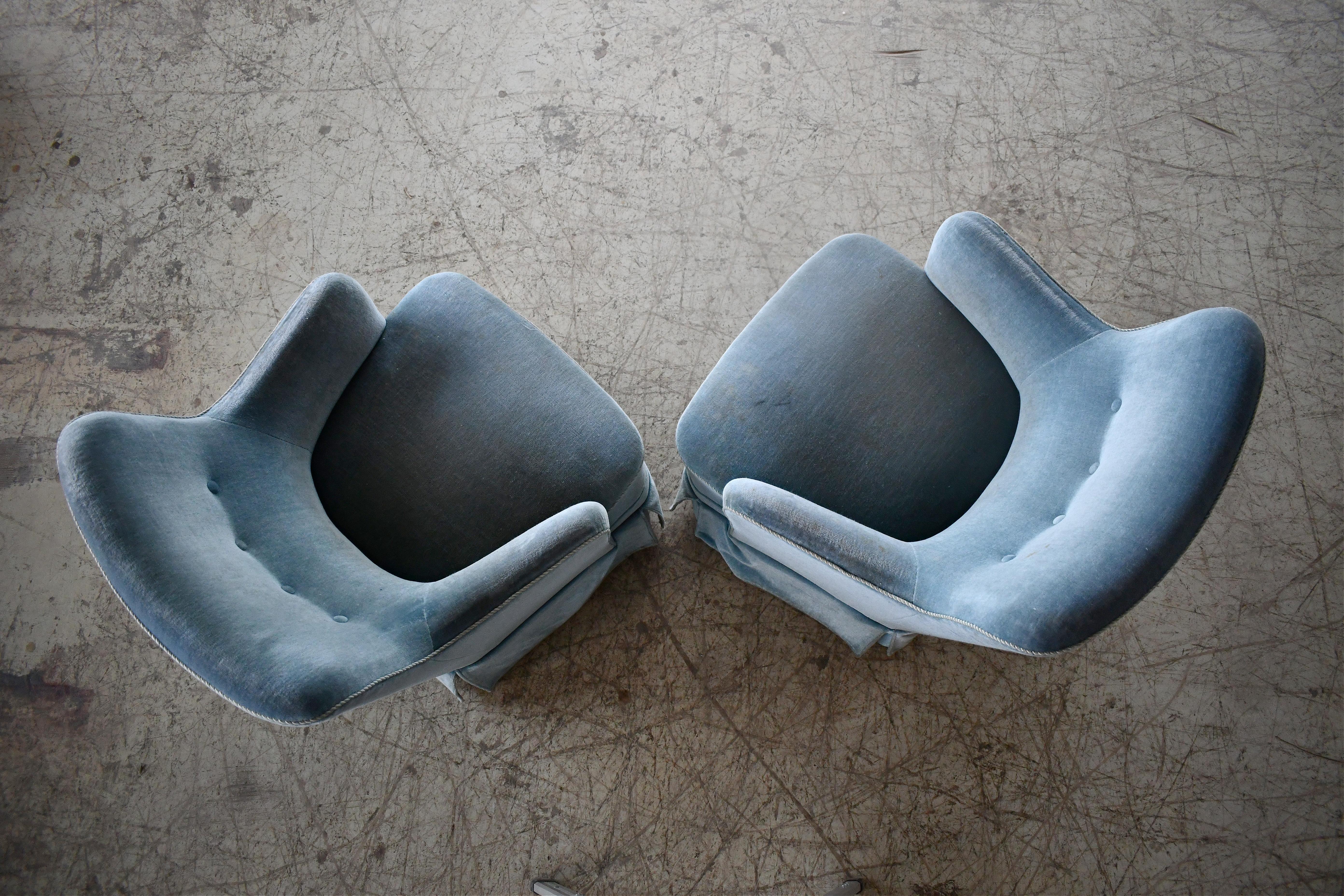 Mid-20th Century Danish Peter Hvidt Attributed Pair Lounge Chairs in Light Blue Mohair