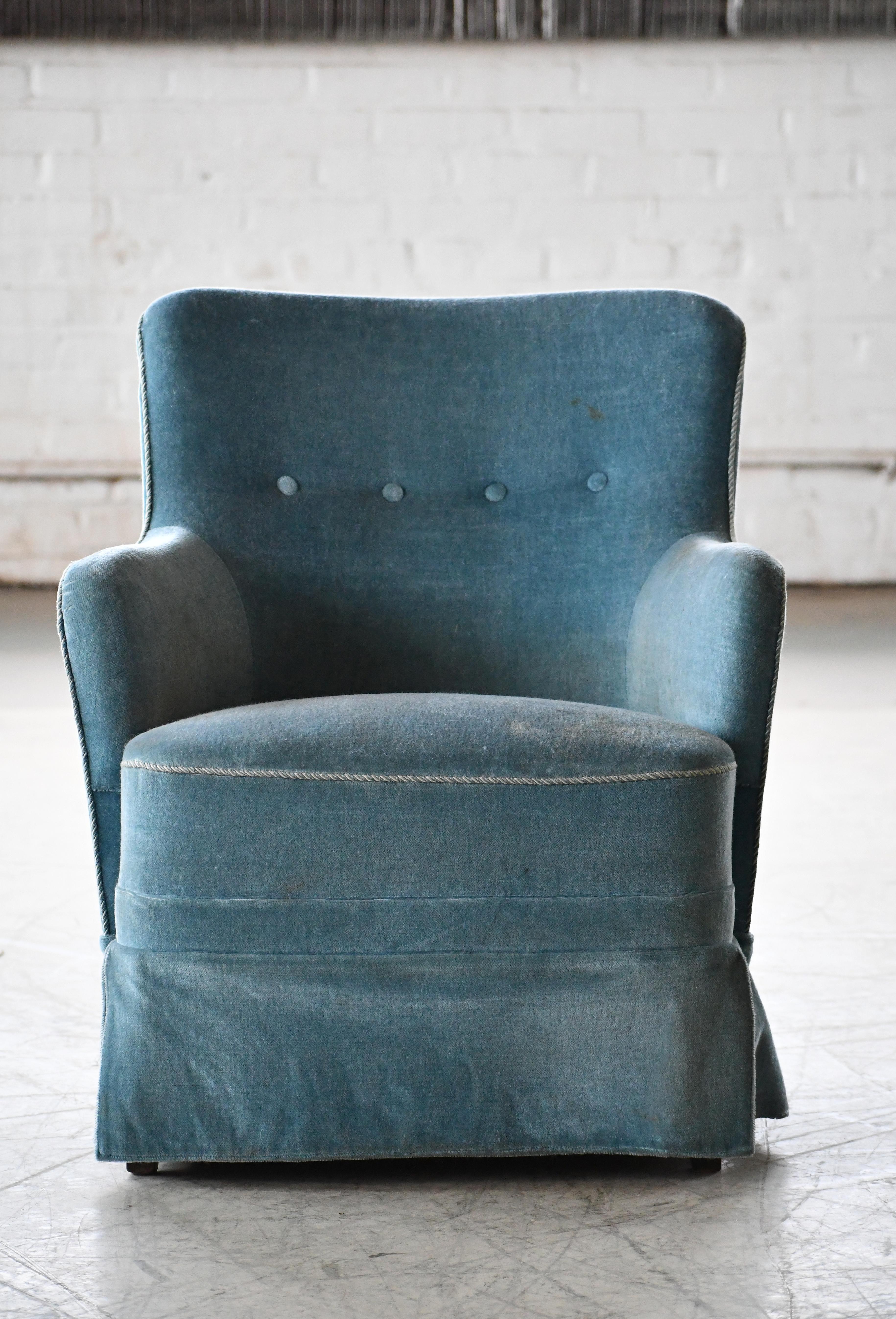 Danish Peter Hvidt Attributed Pair Lounge Chairs in Light Blue Mohair 1