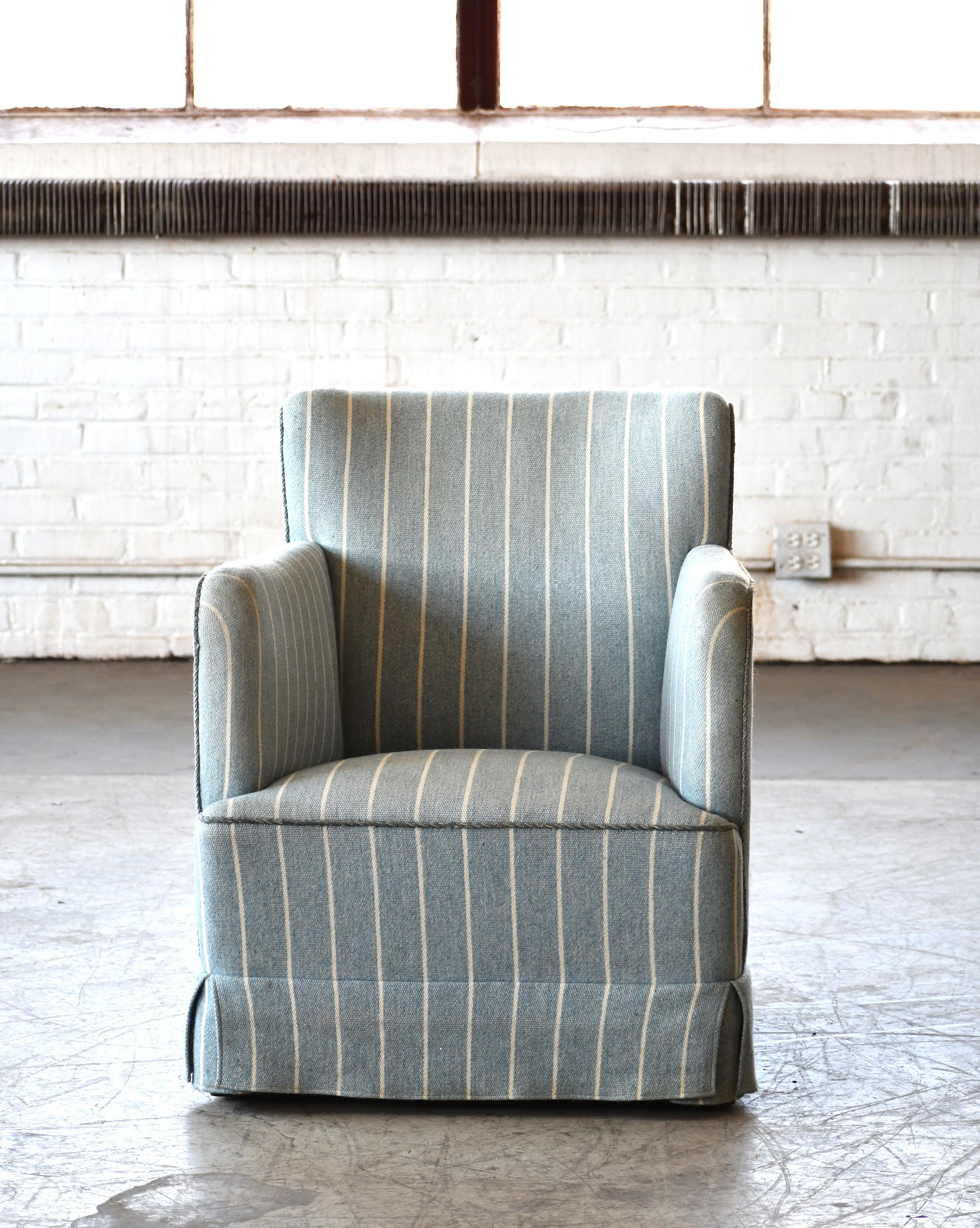 Scandinavian Modern Danish Peter Hvidt Style Lounge Chair in Light Blue Striped Wool For Sale