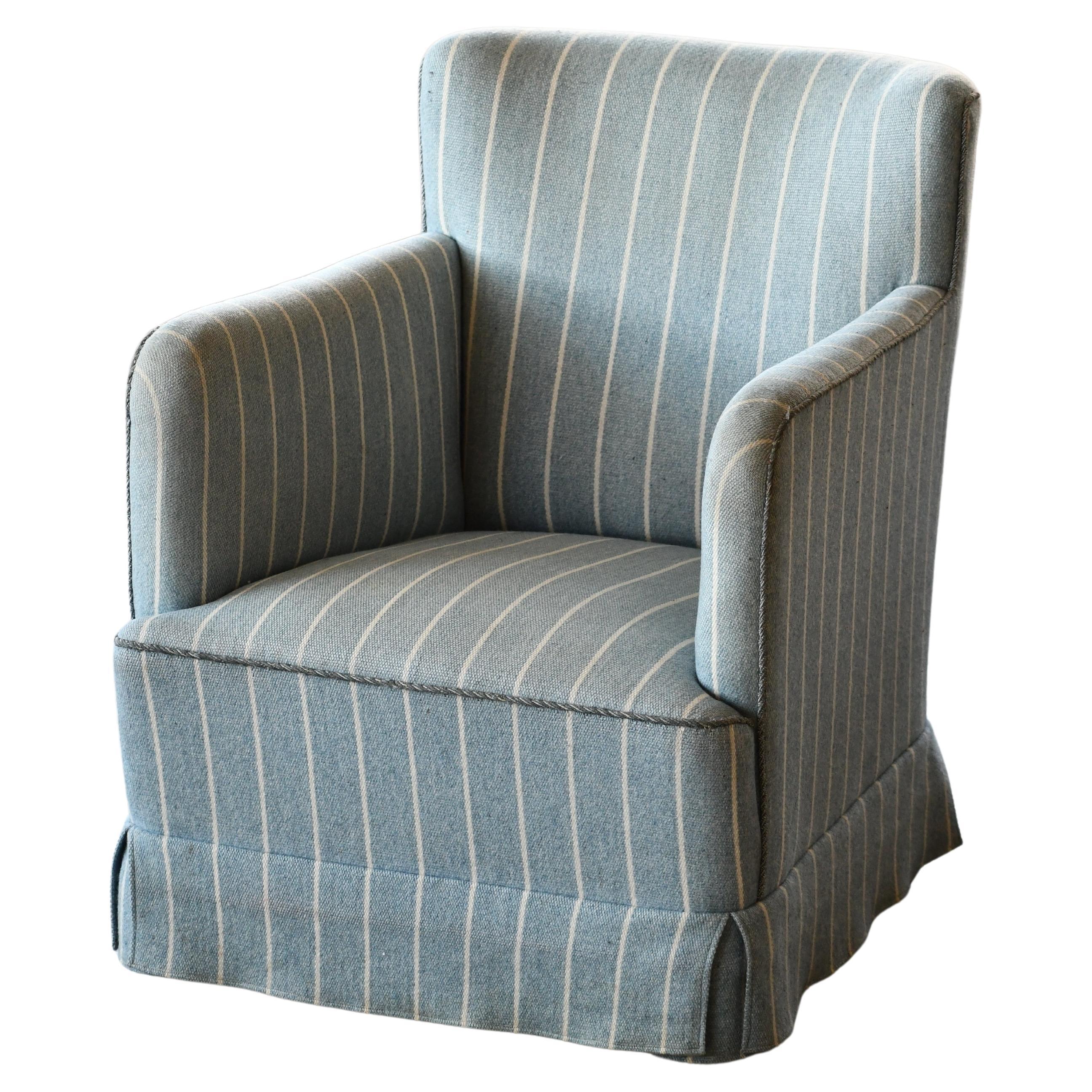 Danish Peter Hvidt Style Lounge Chair in Light Blue Striped Wool For Sale
