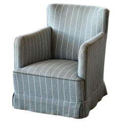 Retro Danish Peter Hvidt Style Lounge Chair in Light Blue Striped Wool