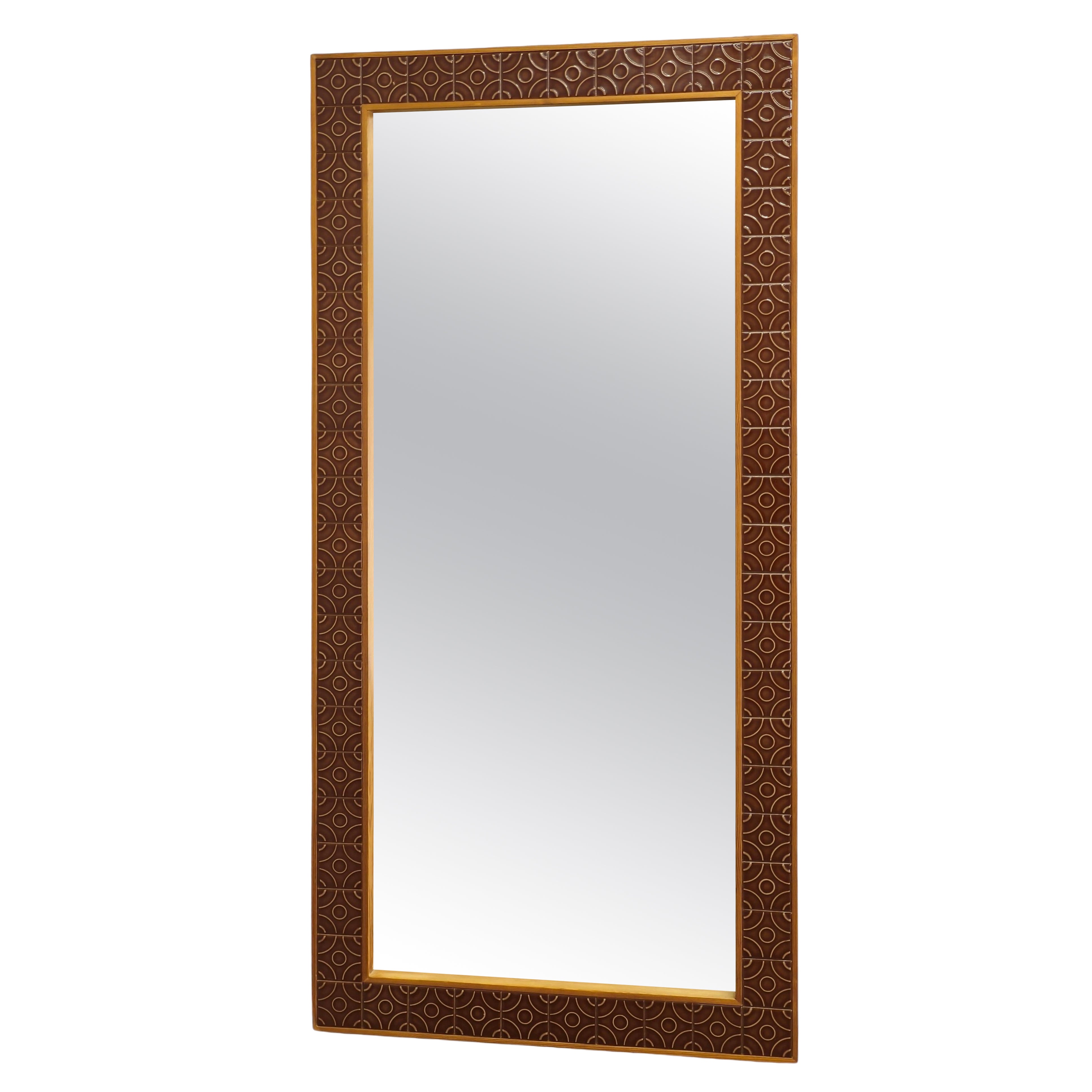 Danish Pine and Ceramic Tile Wall Mirror, 1960s