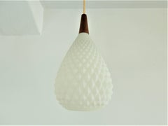 Danish Pine Cone Shaped White Opaline Glass and Teak Pendant Lamp, 1960s