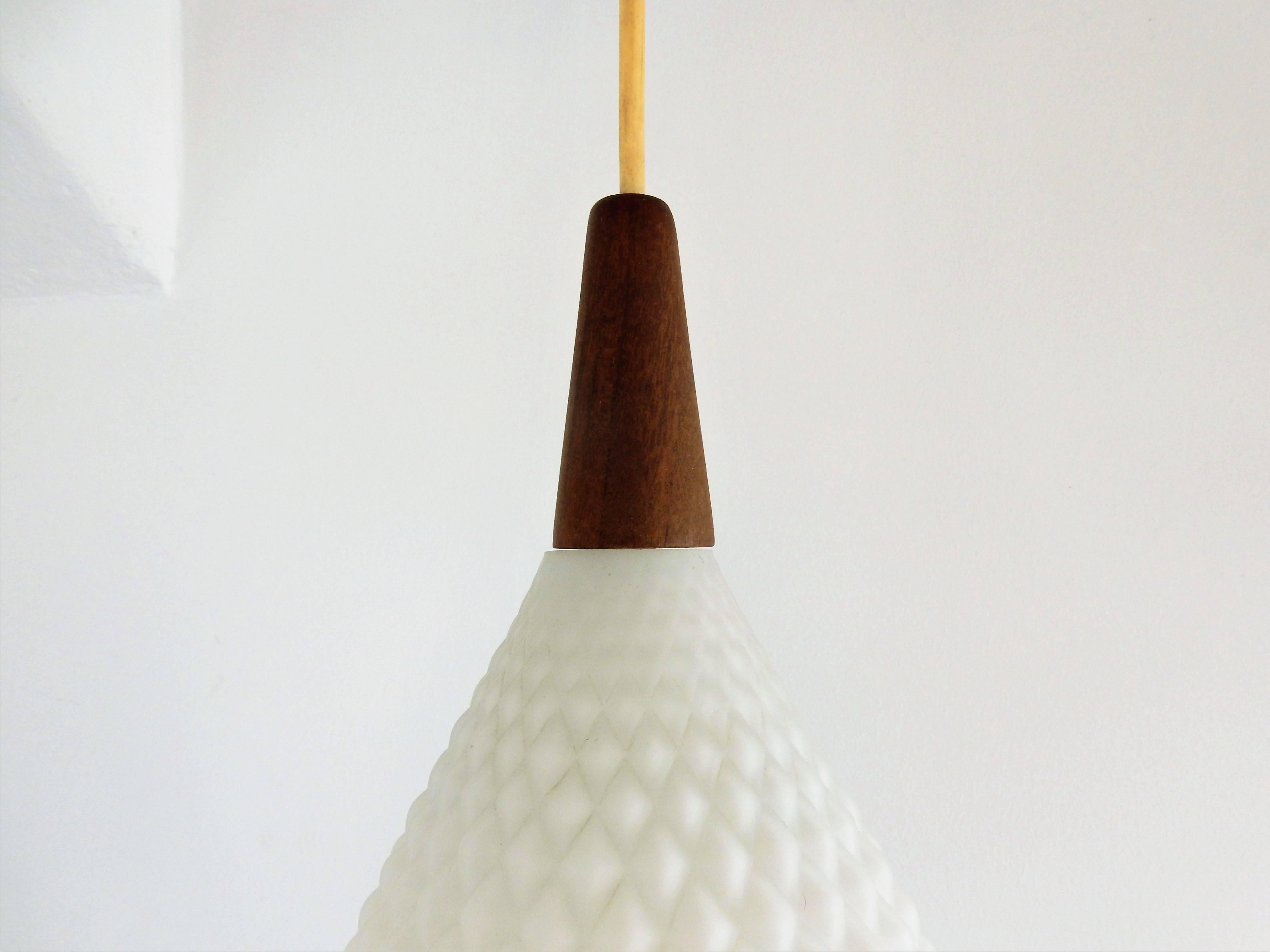 Mid-Century Modern Danish Pine Cone Shaped White Opaline Glass and Teak Pendant Lamp, 1960s