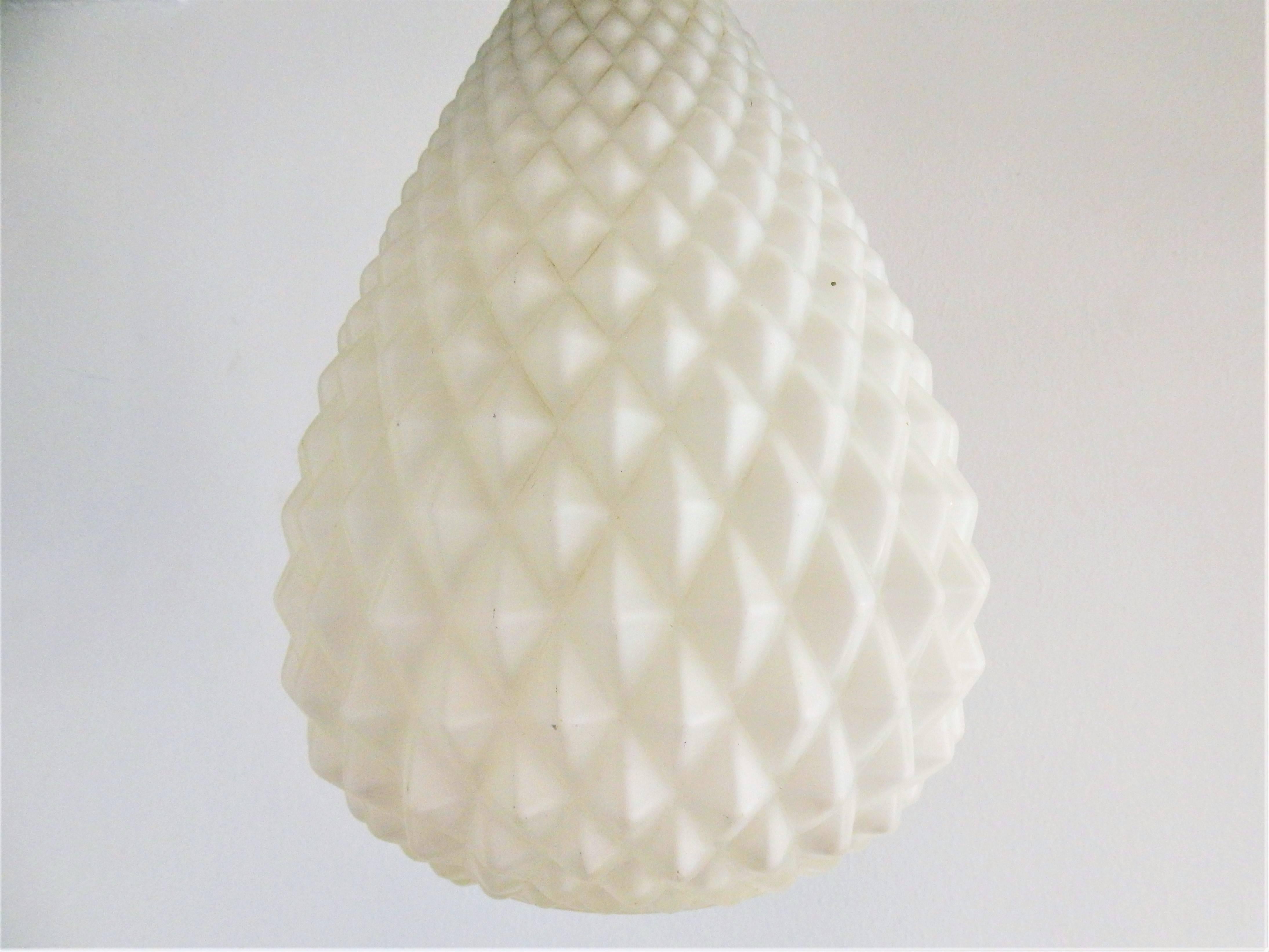 Danish Pine Cone Shaped White Opaline Glass and Teak Pendant Lamp, 1960s In Excellent Condition In Steenwijk, NL