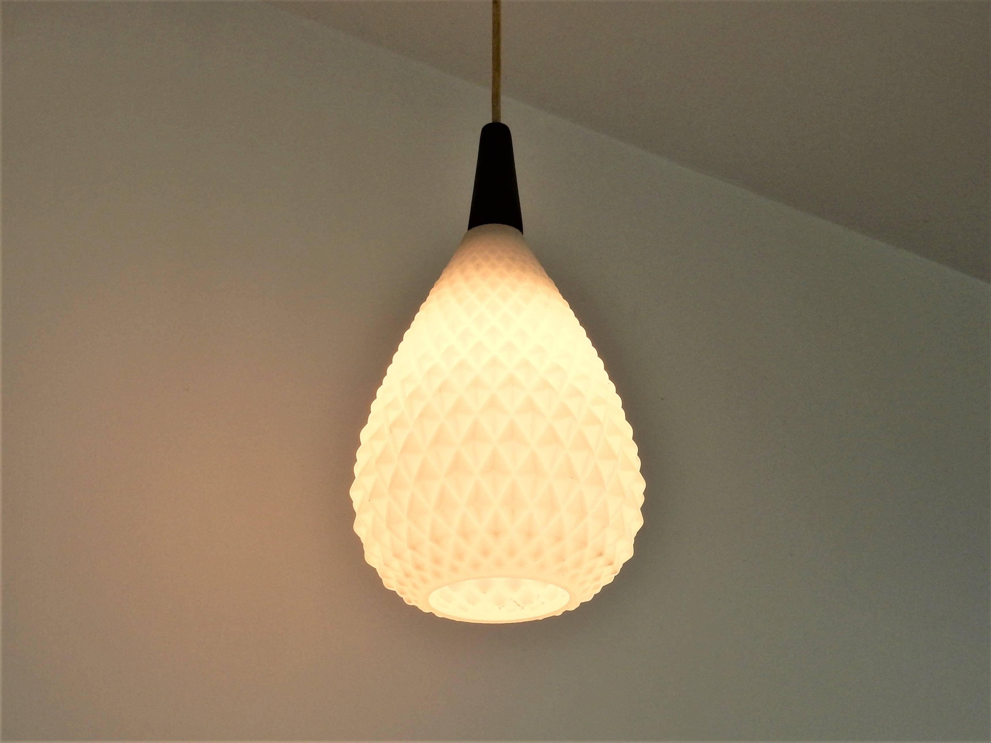 Danish Pine Cone Shaped White Opaline Glass and Teak Pendant Lamp, 1960s 1