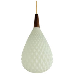 Danish Pine Cone Shaped White Opaline Glass and Teak Pendant Lamp, 1960s