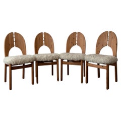 Danish Pine Dining Chairs in The Style of Niels Koefoed Faux Sheepskin, 1970s