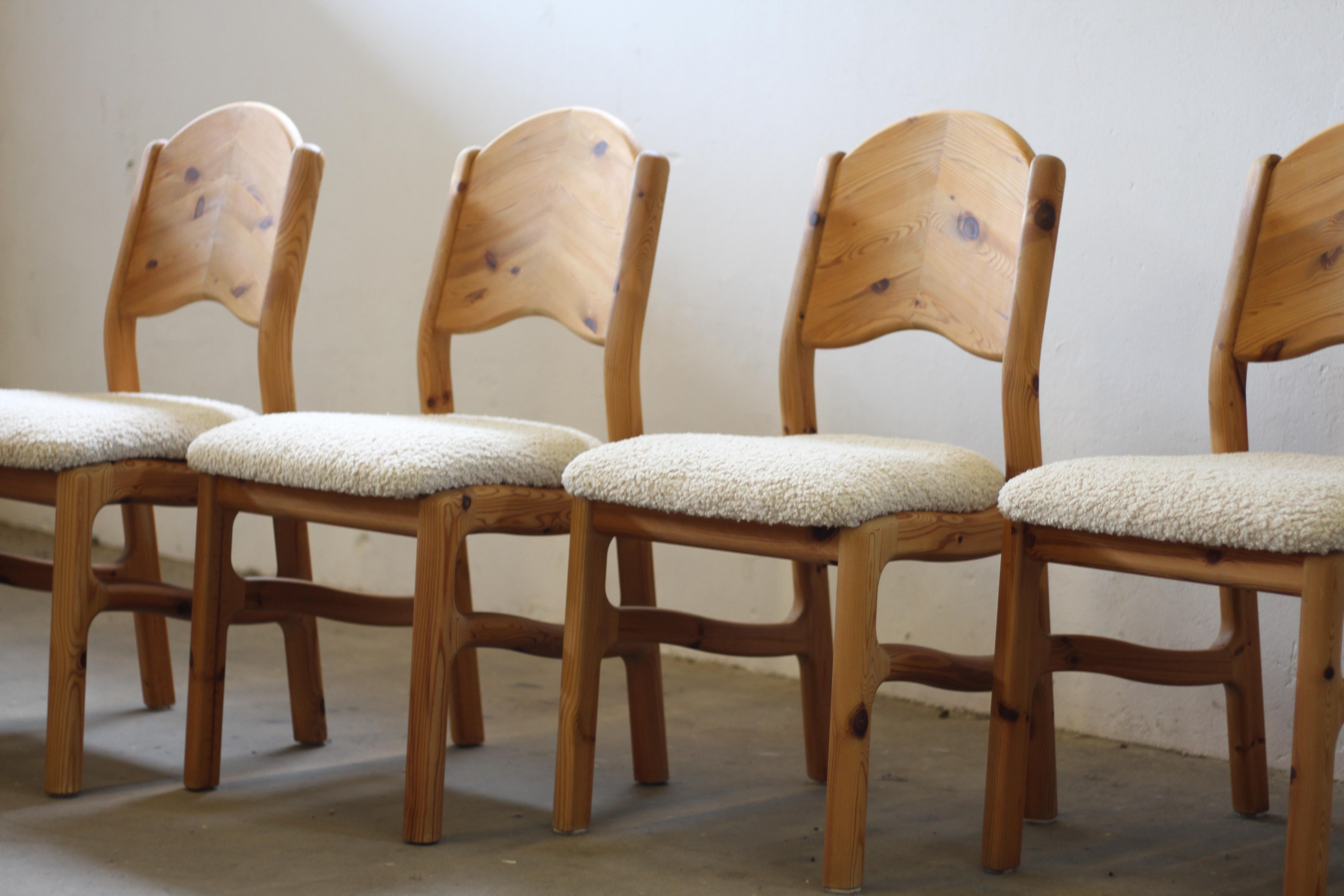 Bouclé Danish Pine Wood Dining Chairs in style of Rainer Daumiller - 1970s