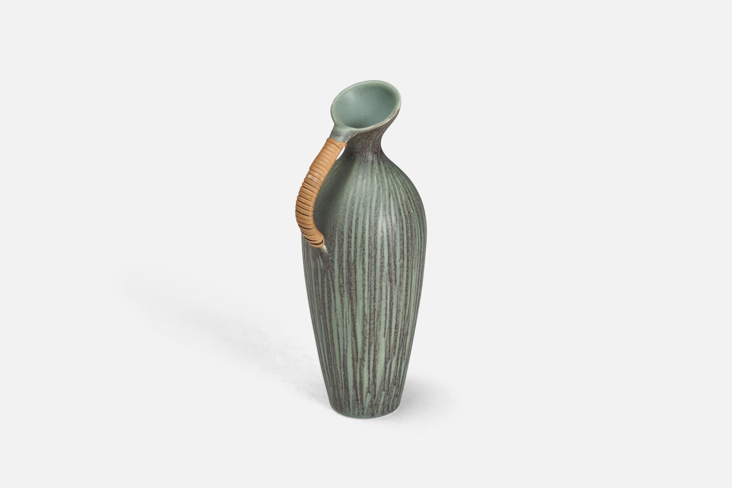 Mid-Century Modern Danish, Pitcher, Glazed Incised Green Stoneware, Rattan, Sweden c. 1960s