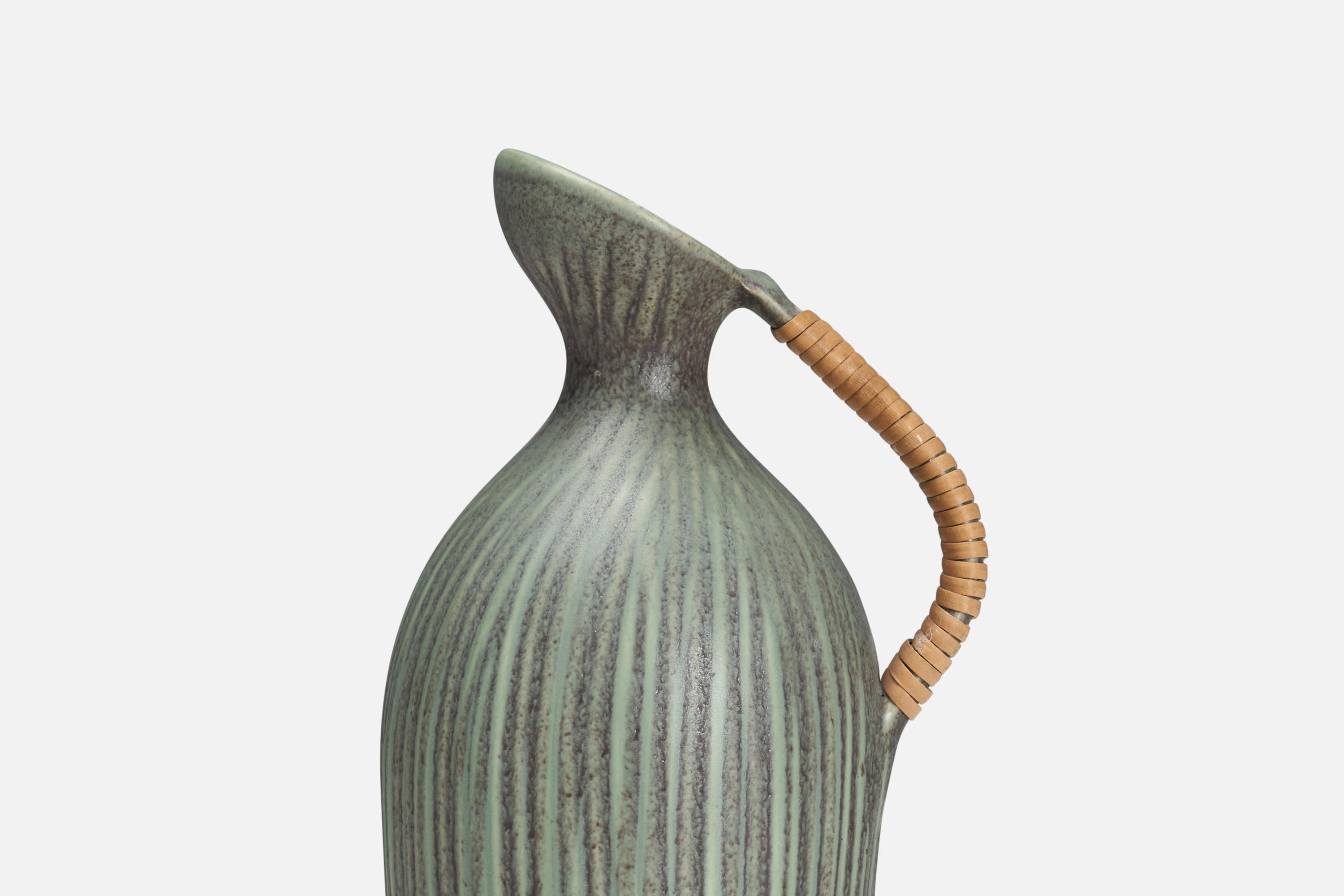 Danish, Pitcher, Glazed Incised Green Stoneware, Rattan, Sweden c. 1960s In Good Condition In High Point, NC