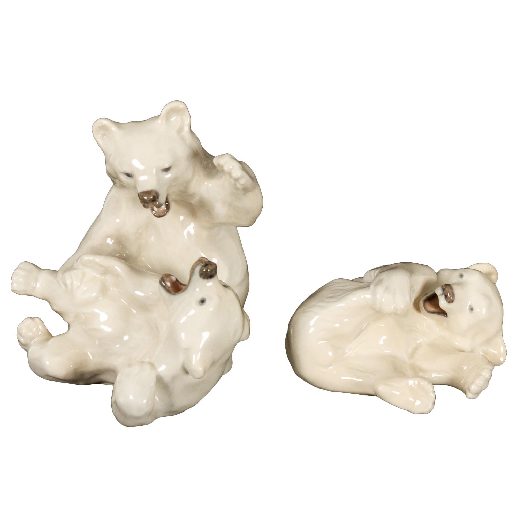 Danish Porcelain Polar Bear Cubs Figurines by Knud Kyhn for Royal