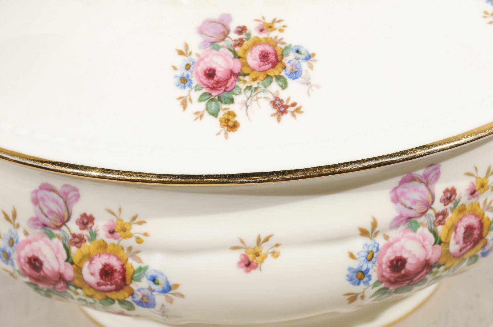 Danish Porcelain Soup Tureen with Lid, Gilt Rim and Colorful Floral Decor, 1930s 5