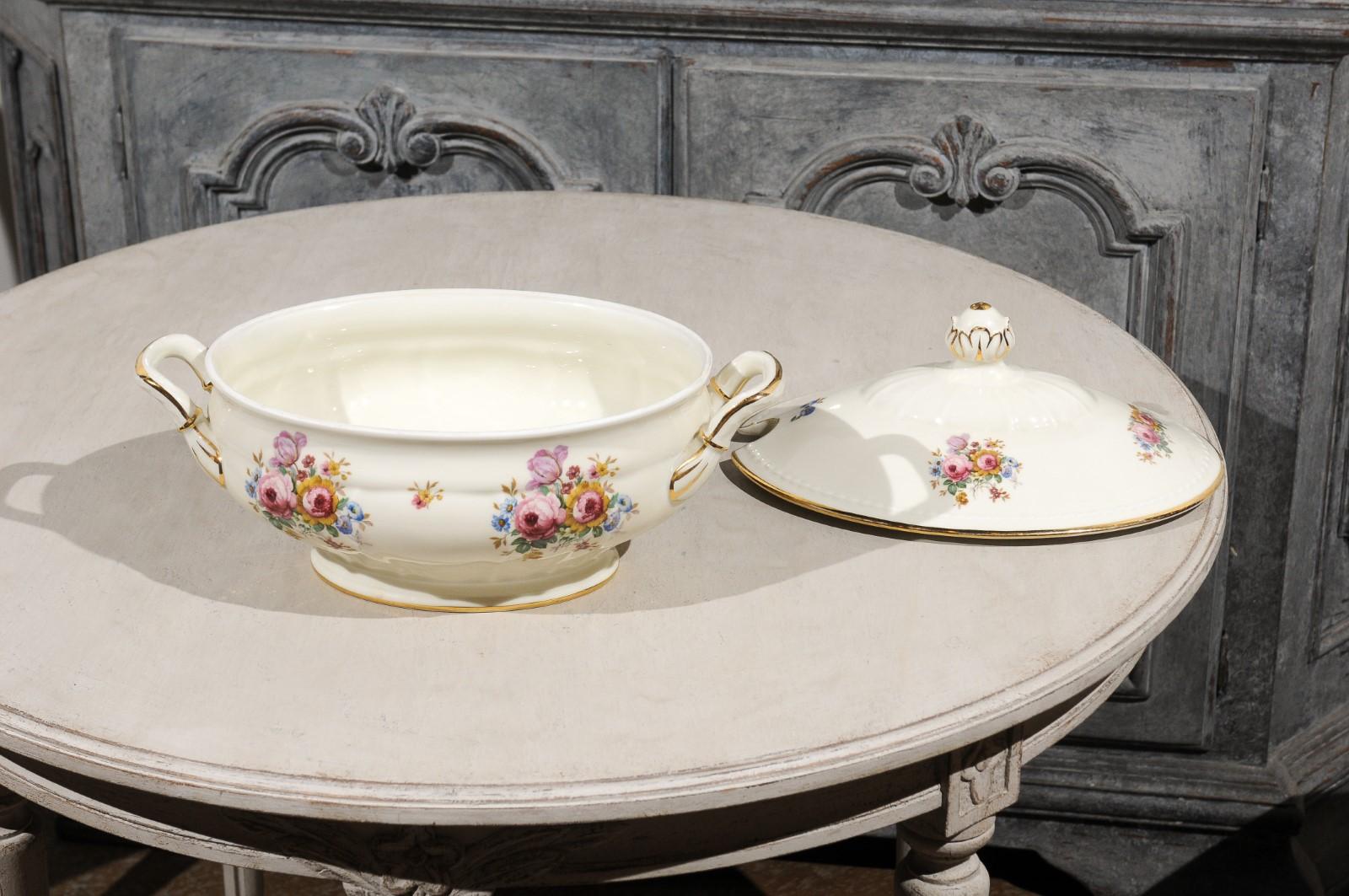 Danish Porcelain Soup Tureen with Lid, Gilt Rim and Colorful Floral Decor, 1930s 6