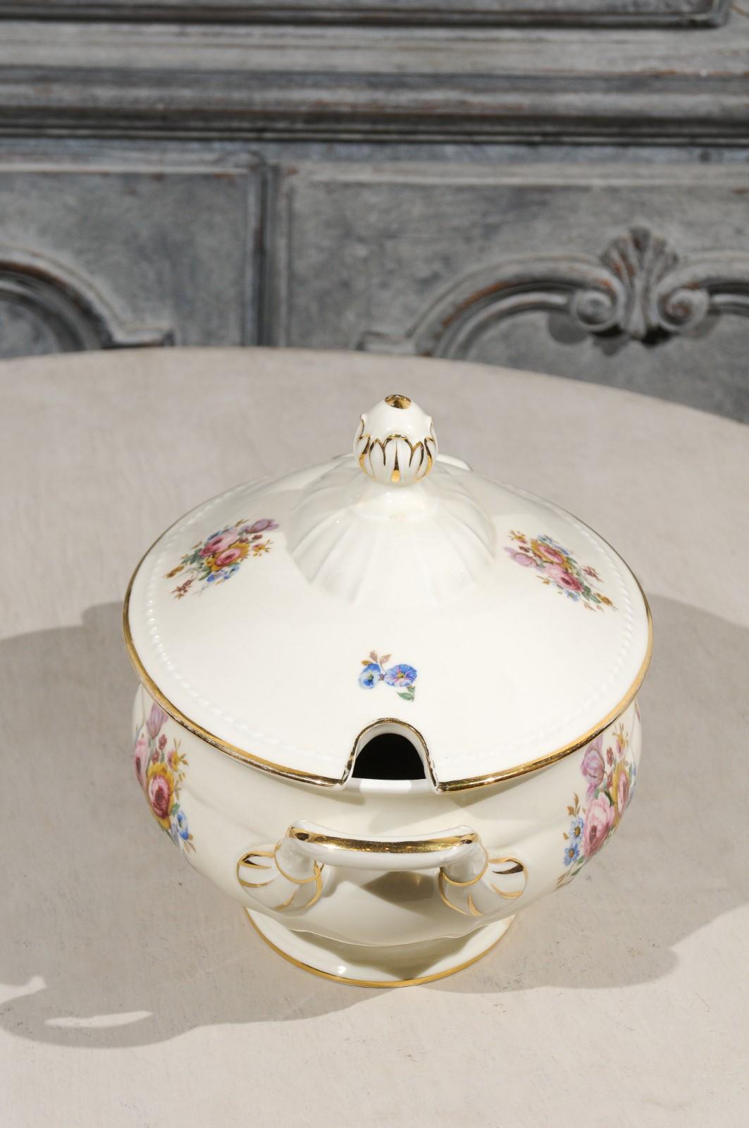 Painted Danish Porcelain Soup Tureen with Lid, Gilt Rim and Colorful Floral Decor, 1930s