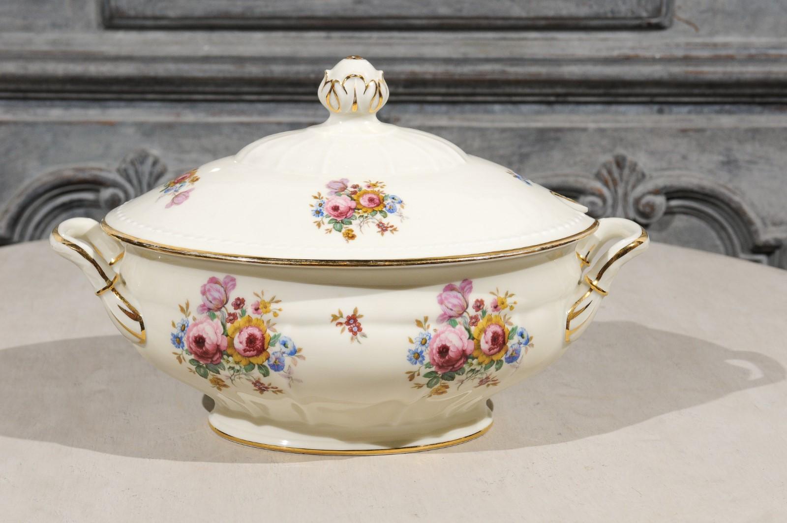 Danish Porcelain Soup Tureen with Lid, Gilt Rim and Colorful Floral Decor, 1930s In Good Condition In Atlanta, GA