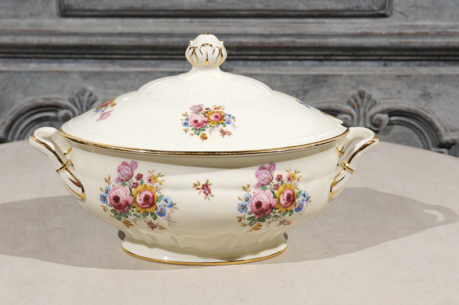 Dänische Suppenterrine aus Porzellan mit Deckel, vergoldetem Rand und buntem Blumendekor, 1930er Jahre (Gemalt)
