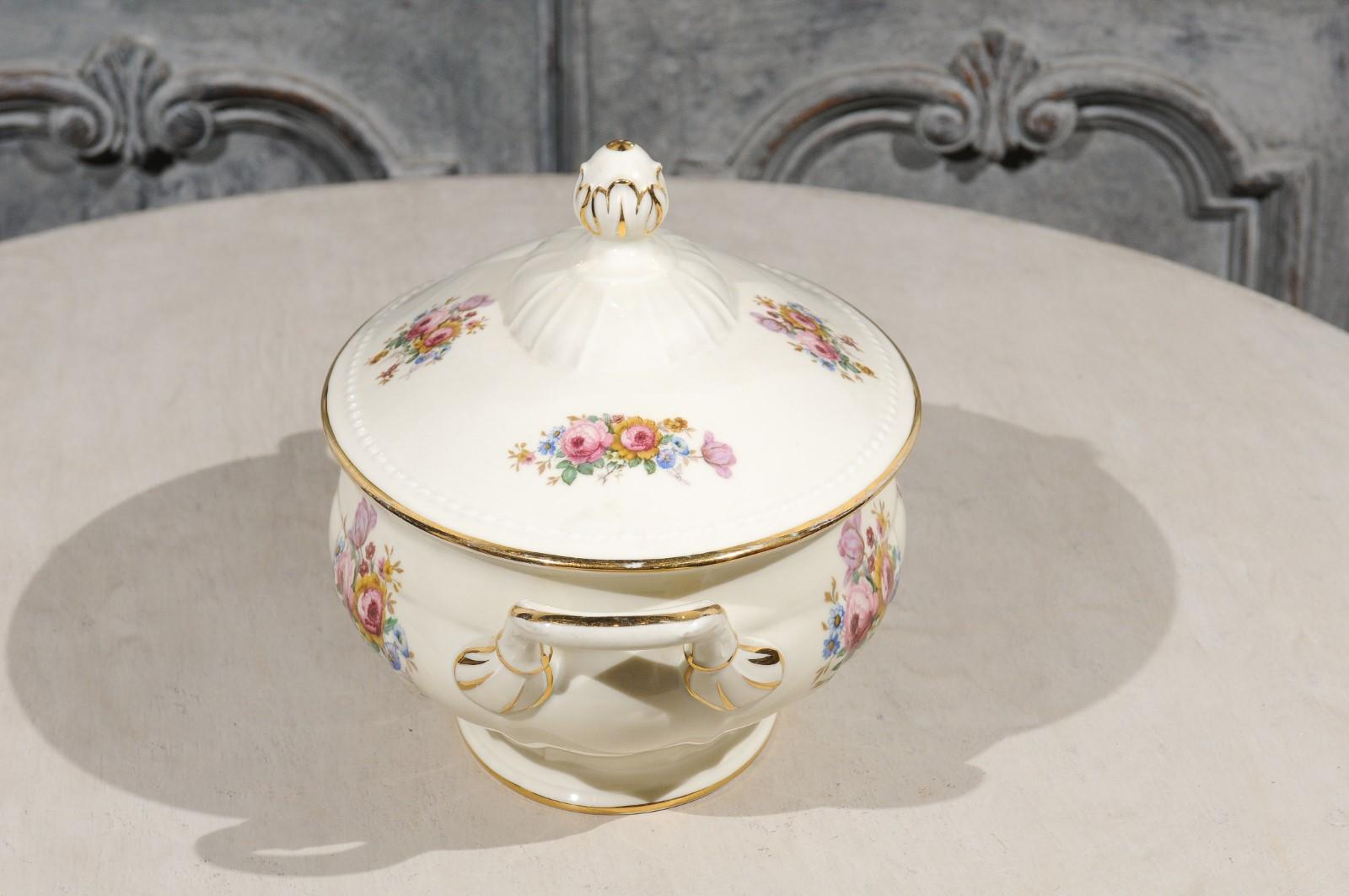 20th Century Danish Porcelain Soup Tureen with Lid, Gilt Rim and Colorful Floral Decor, 1930s