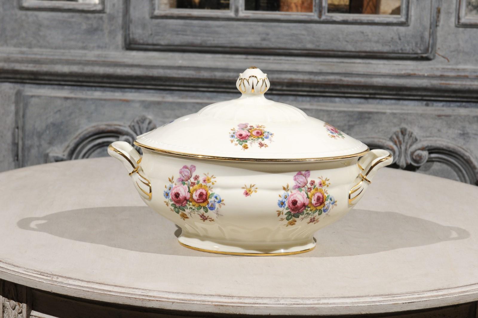 Danish Porcelain Soup Tureen with Lid, Gilt Rim and Colorful Floral Decor, 1930s 2