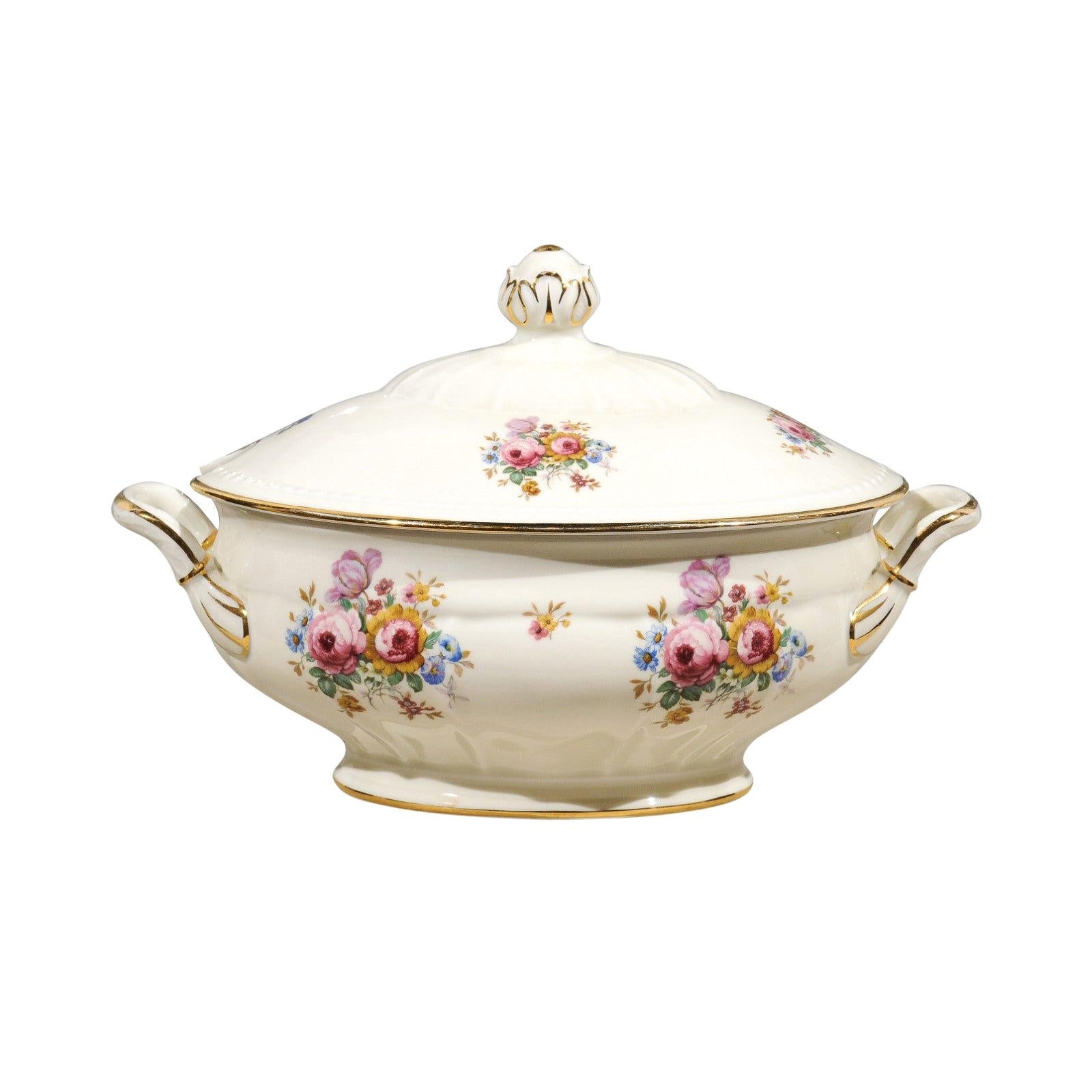 Danish Porcelain Soup Tureen with Lid, Gilt Rim and Colorful Floral Decor, 1930s