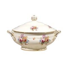 Dänische Suppenterrine aus Porzellan mit Deckel, vergoldetem Rand und buntem Blumendekor, 1930er Jahre
