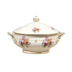 Danish Porcelain Soup Tureen with Lid, Gilt Rim and Colorful Floral Decor, 1930s