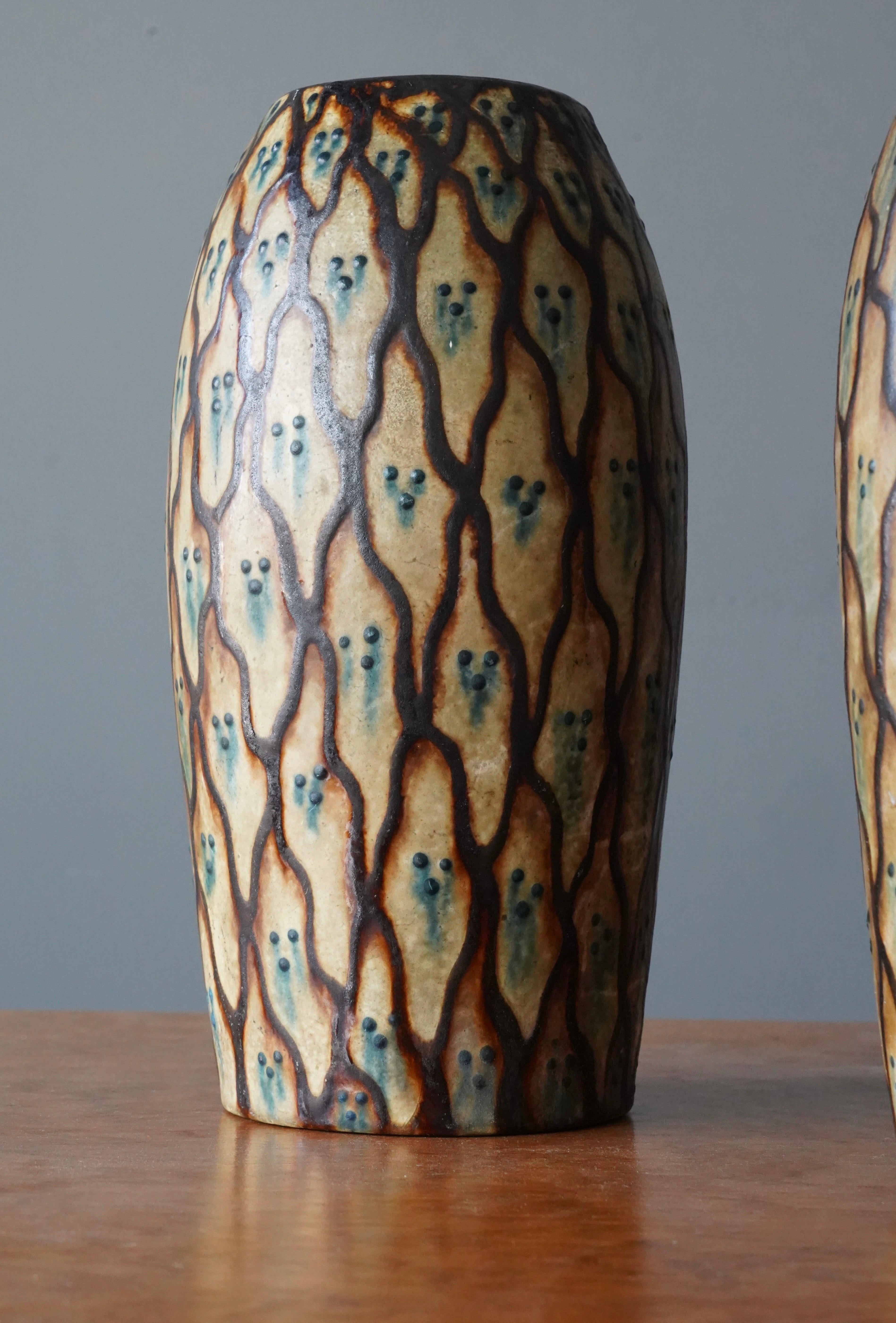 Scandinavian Modern Danish Potter, Vases, Painted Glazed Ceramic, Denmark, c. 1930s