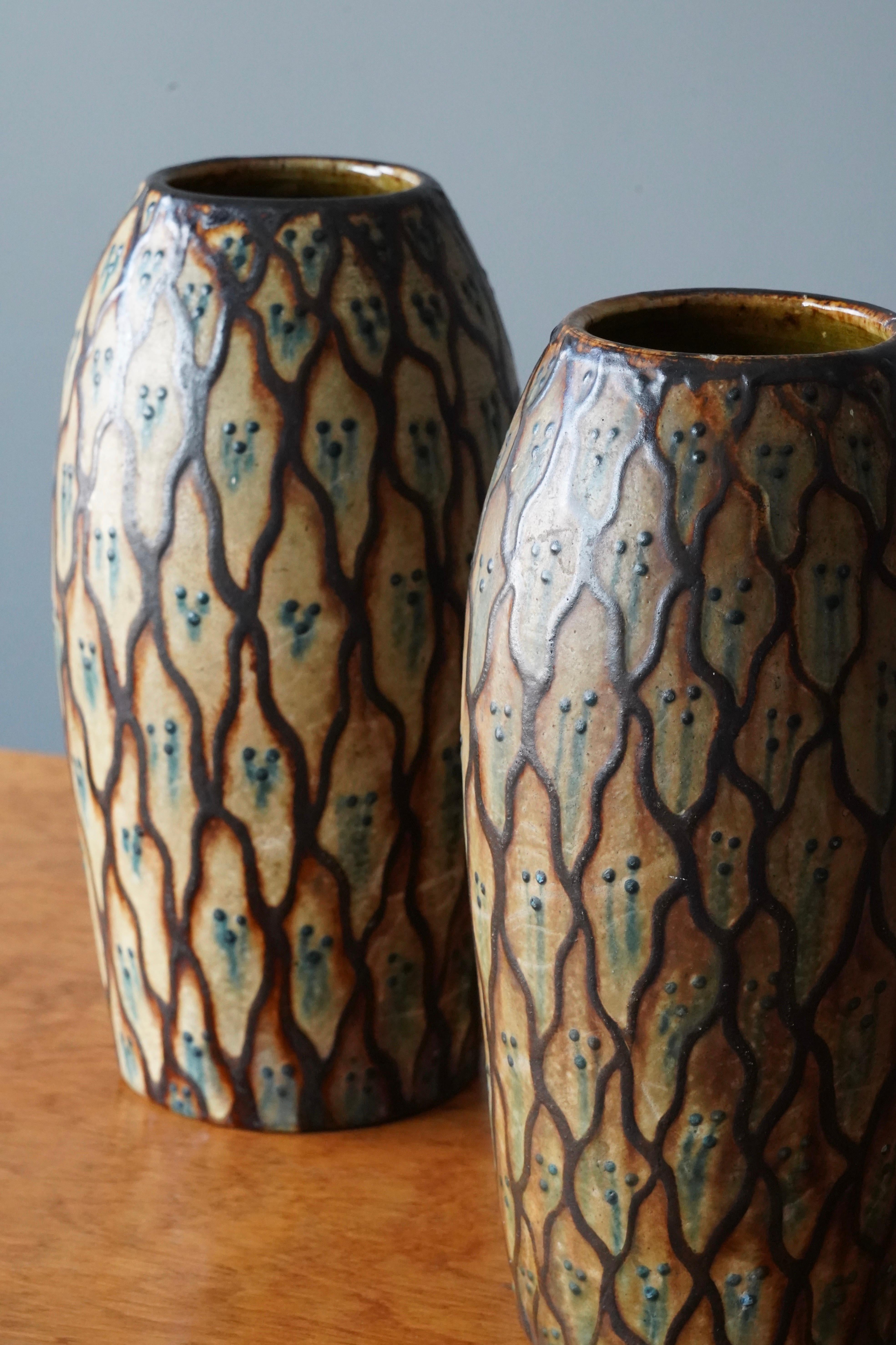 Mid-20th Century Danish Potter, Vases, Painted Glazed Ceramic, Denmark, c. 1930s