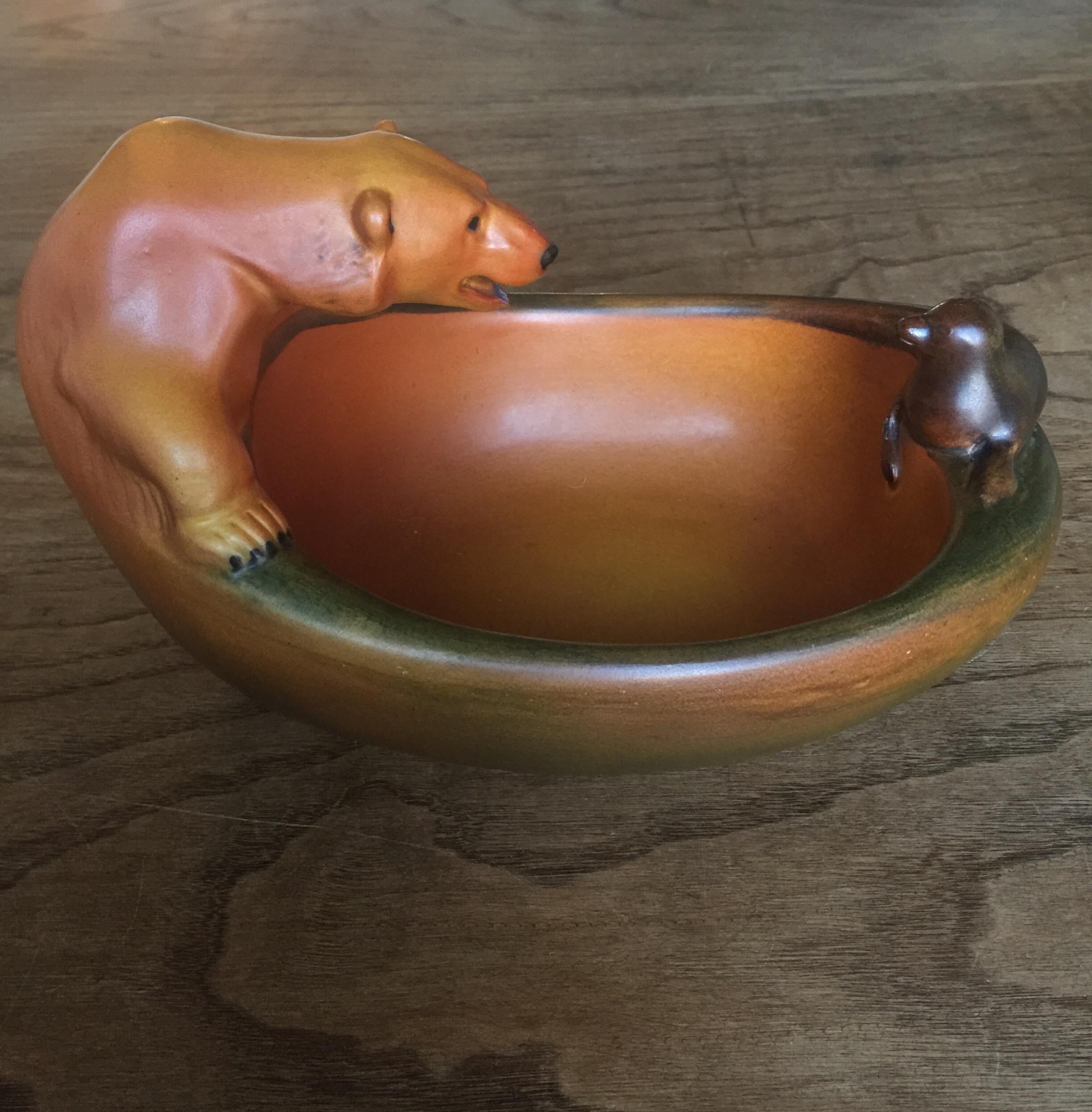 Terracotta Danish Pottery of Polar Bear and Seal by Charles Arvesen for Ipsens, circa 1909