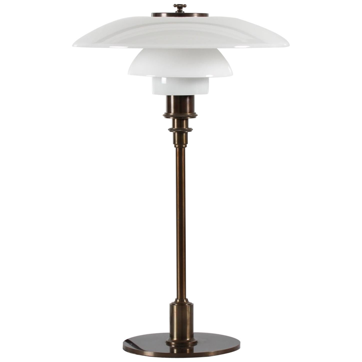 Danish Poul Henningsen Table Lamp PH 3/2 with Brown Brass and White Glass, 1994